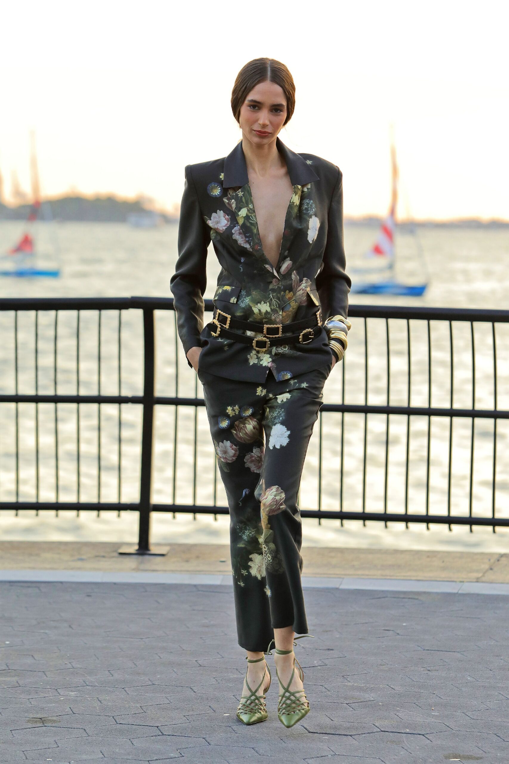 black silk long-sleeve v-neck tailored floral belted suit
