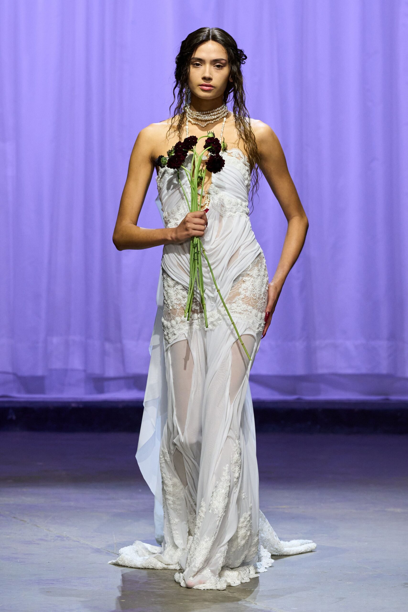 white silk strapless gown