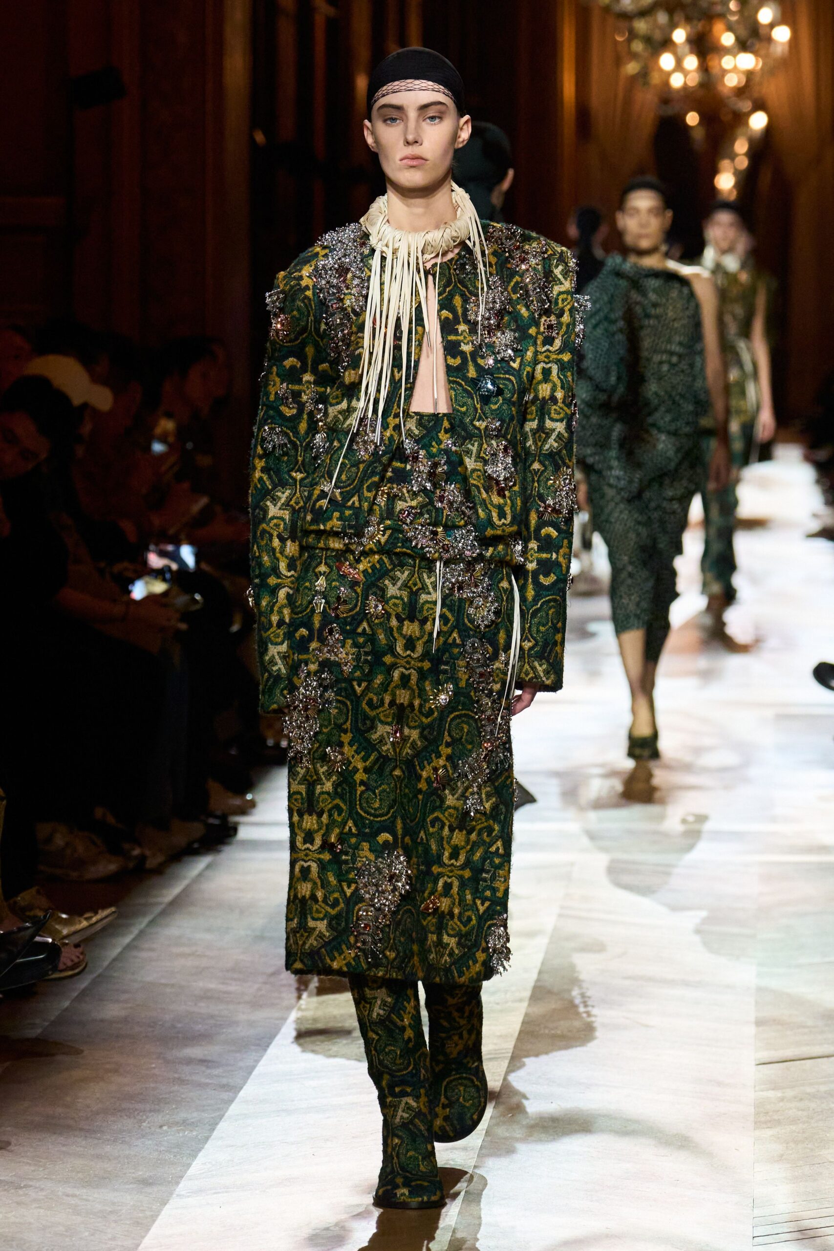 green silk long-sleeve v-neck fitted embroidered layered suit