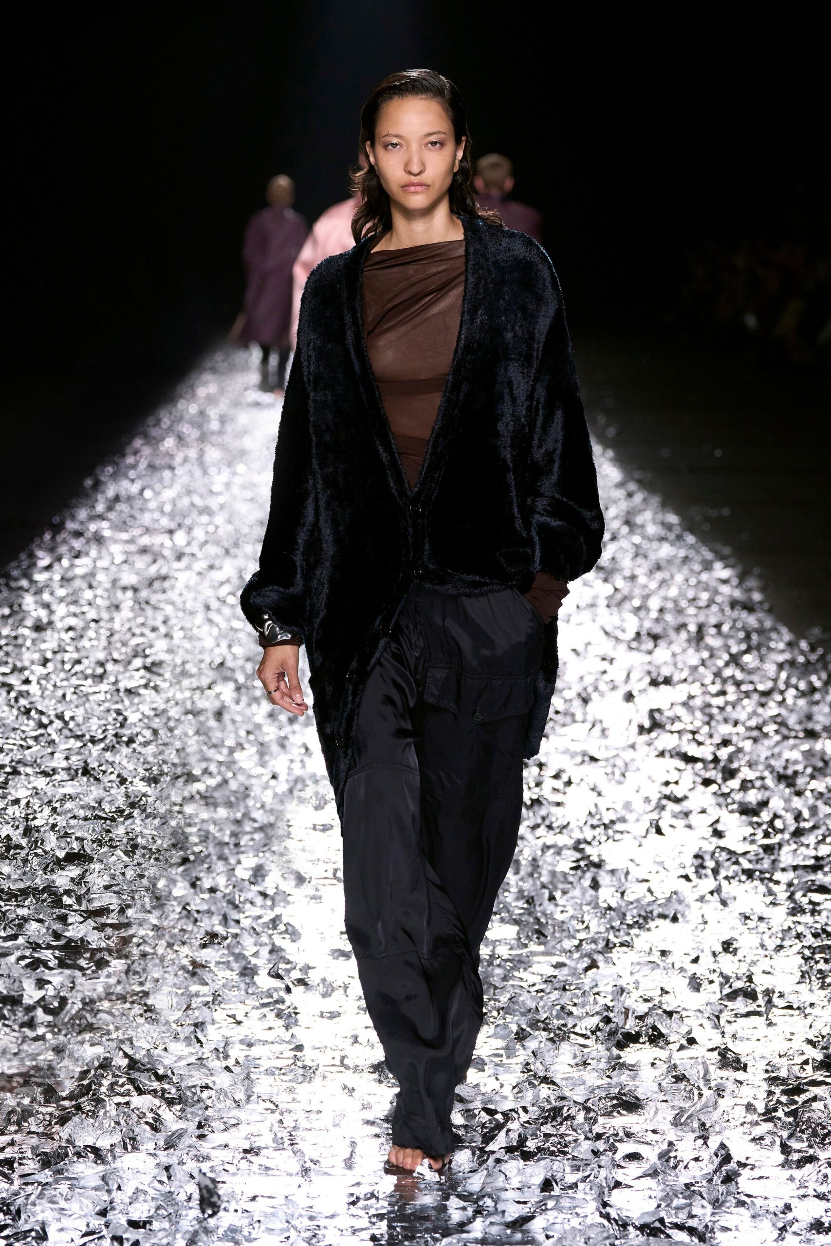 black faux-fur coat with brown top