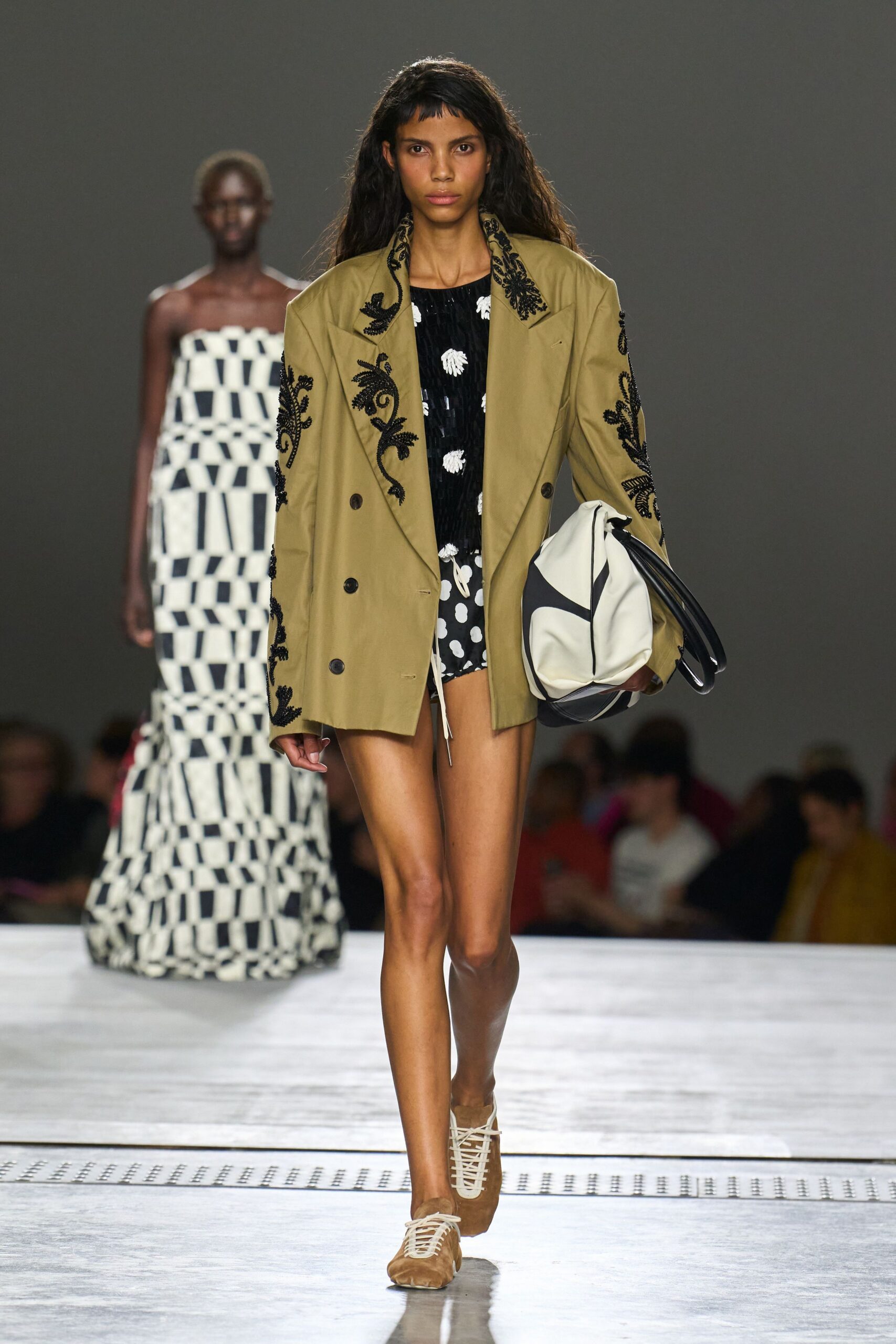 beige oversized jacket with polka-dot top