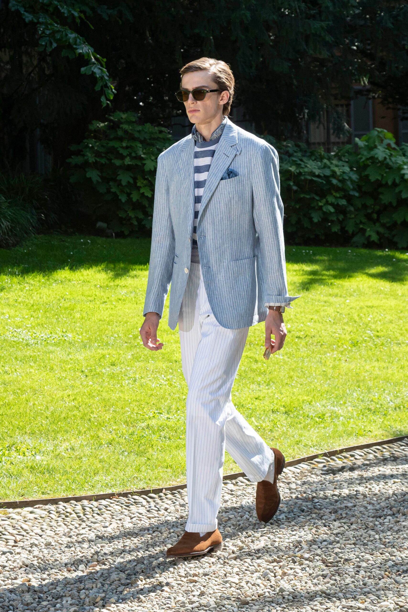 blue and white striped blazer