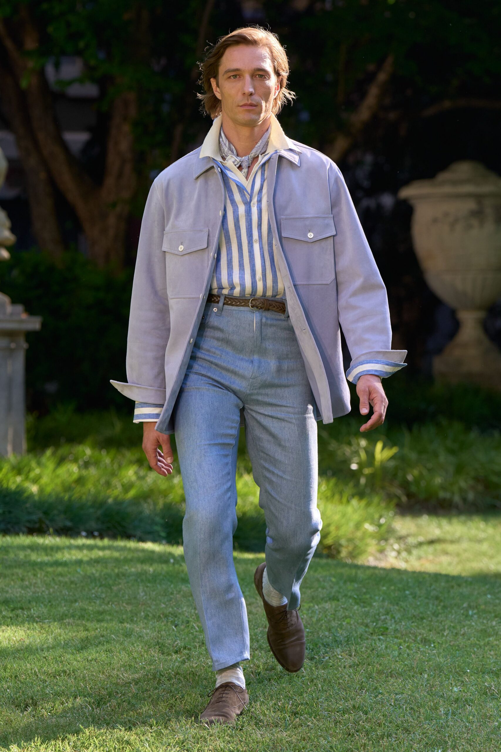 gray jacket with striped shirt