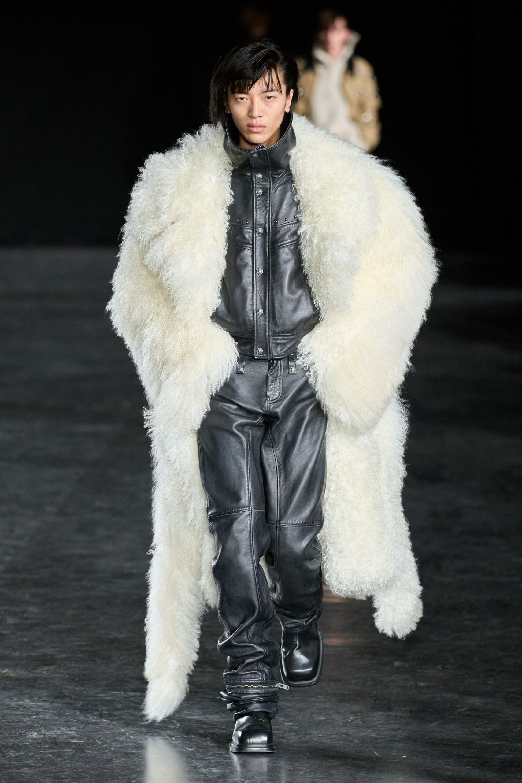 oversized white faux-fur coat