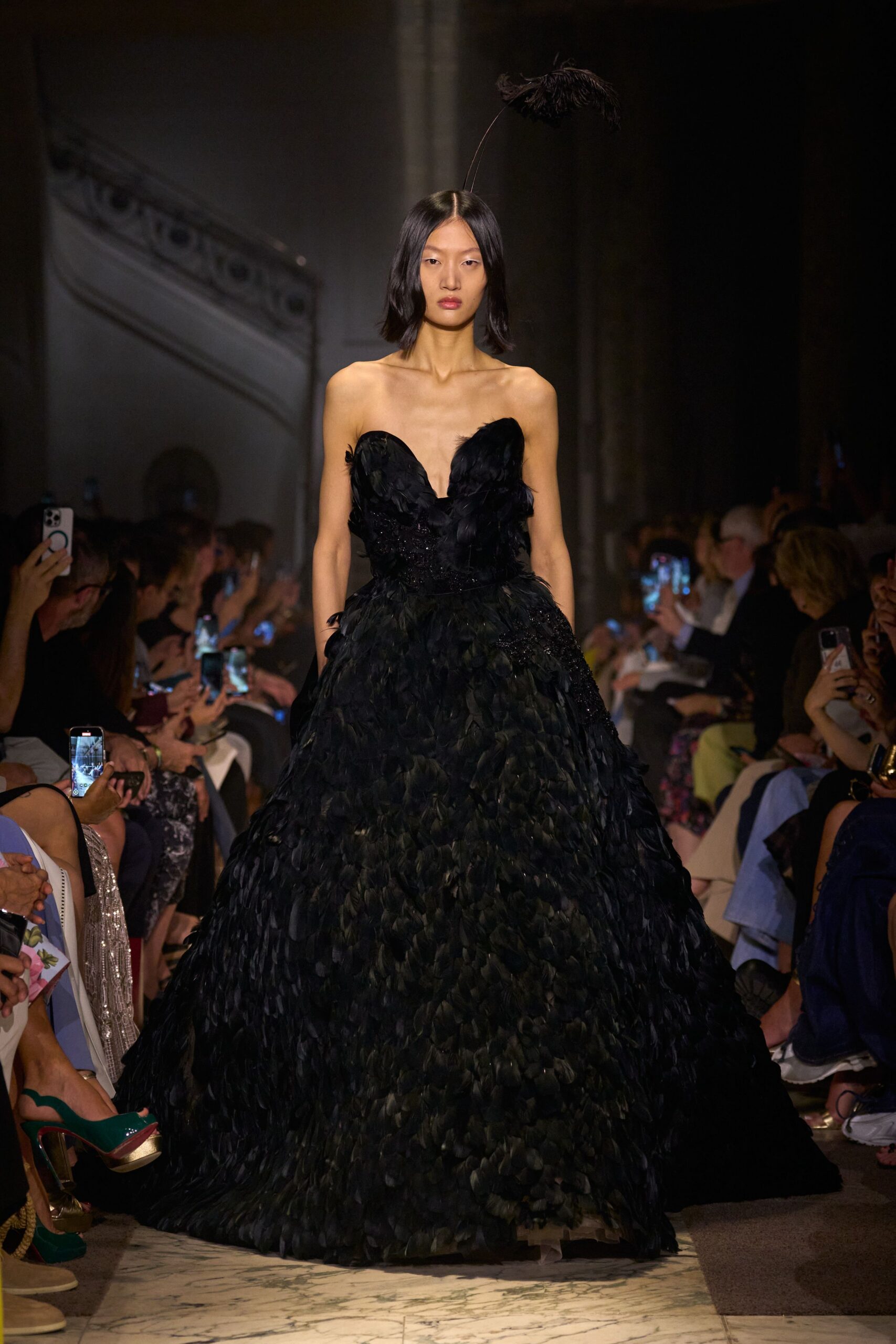black feather strapless gown