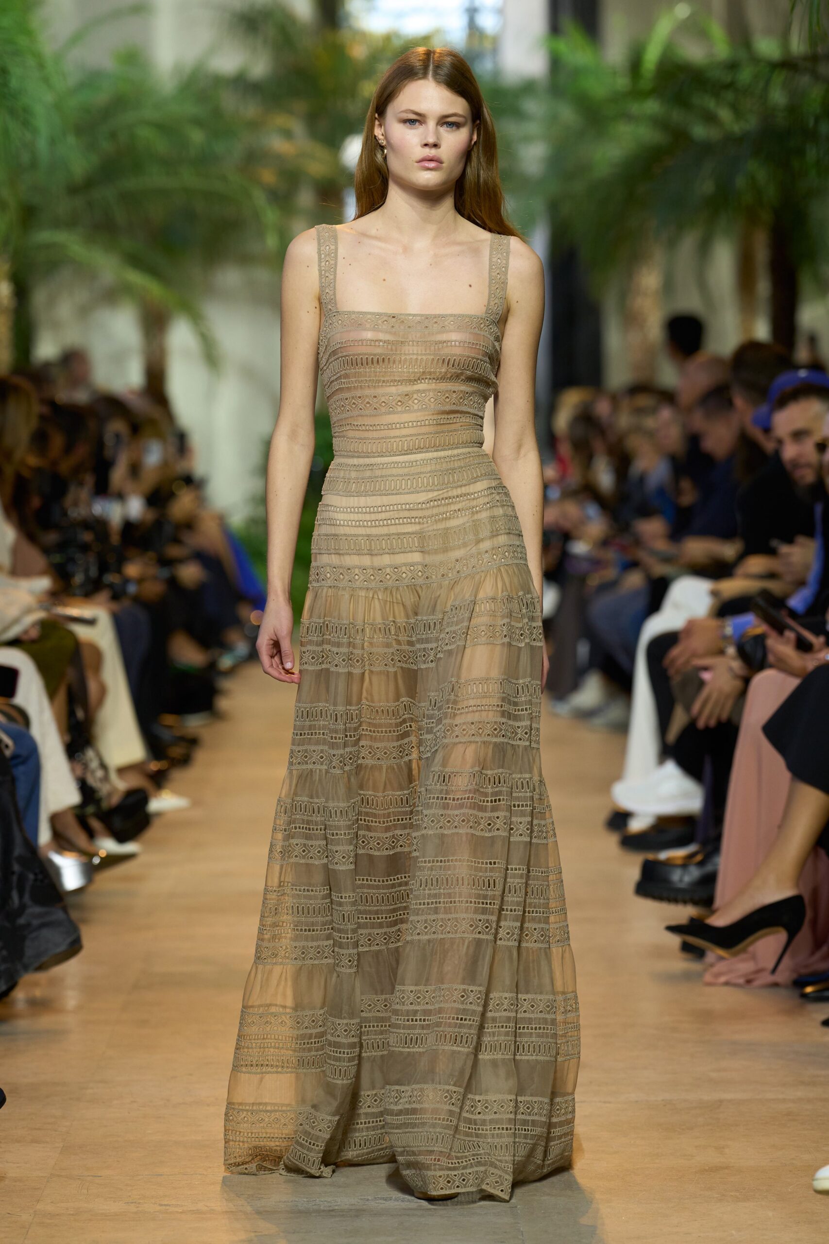 beige silk sleeveless gown