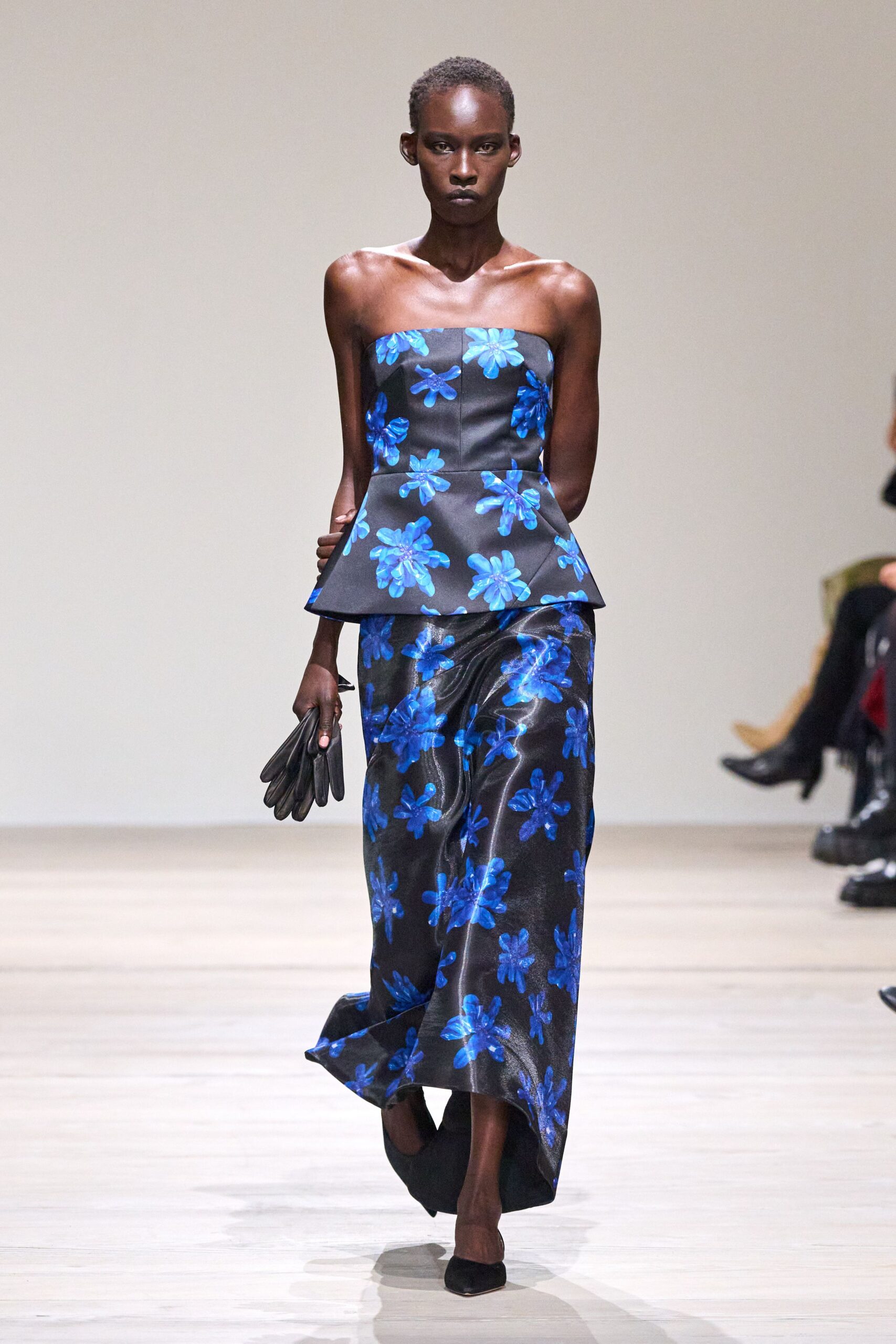black silk strapless fitted floral top