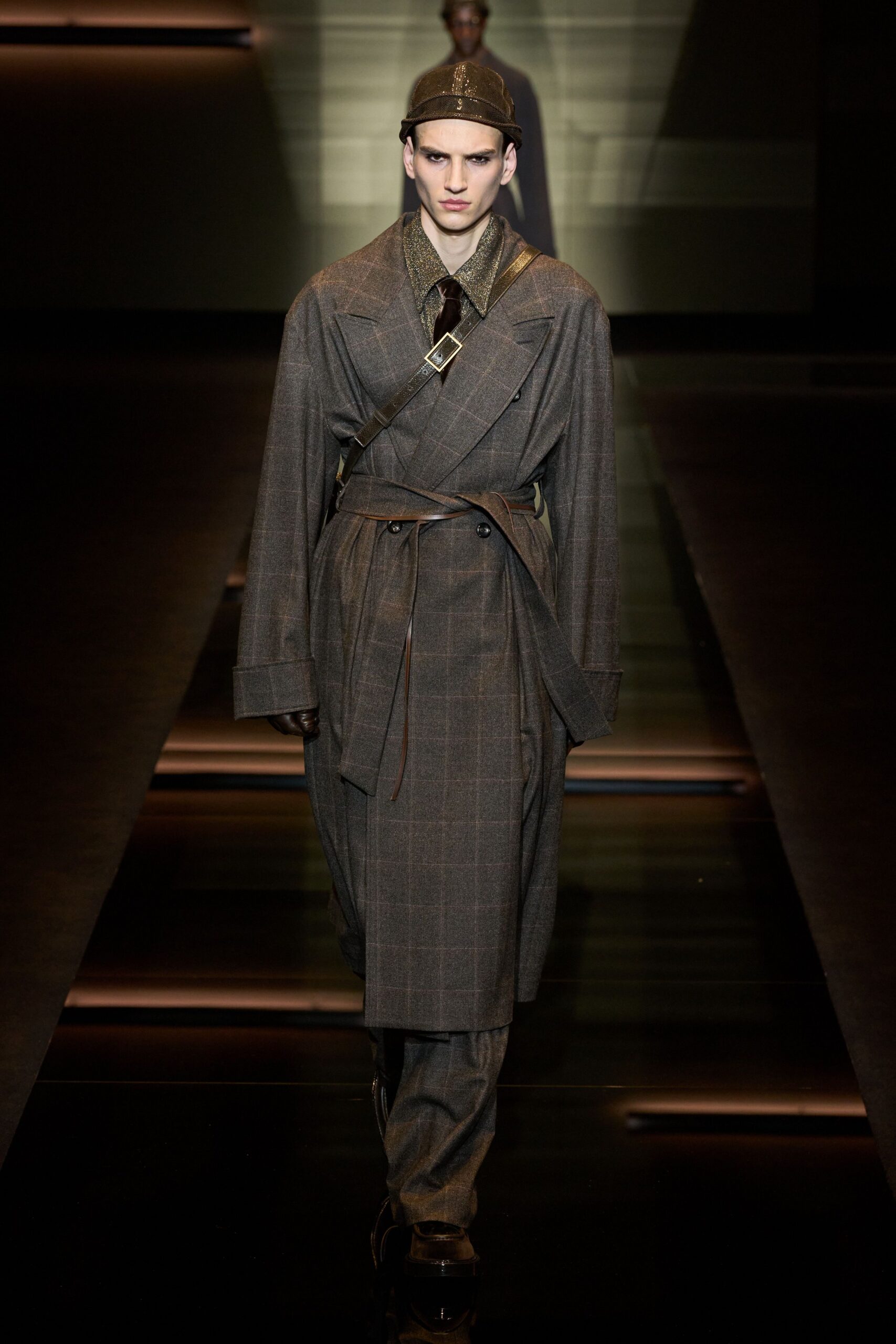 gray wool long-sleeve collared tailored checked belted coat