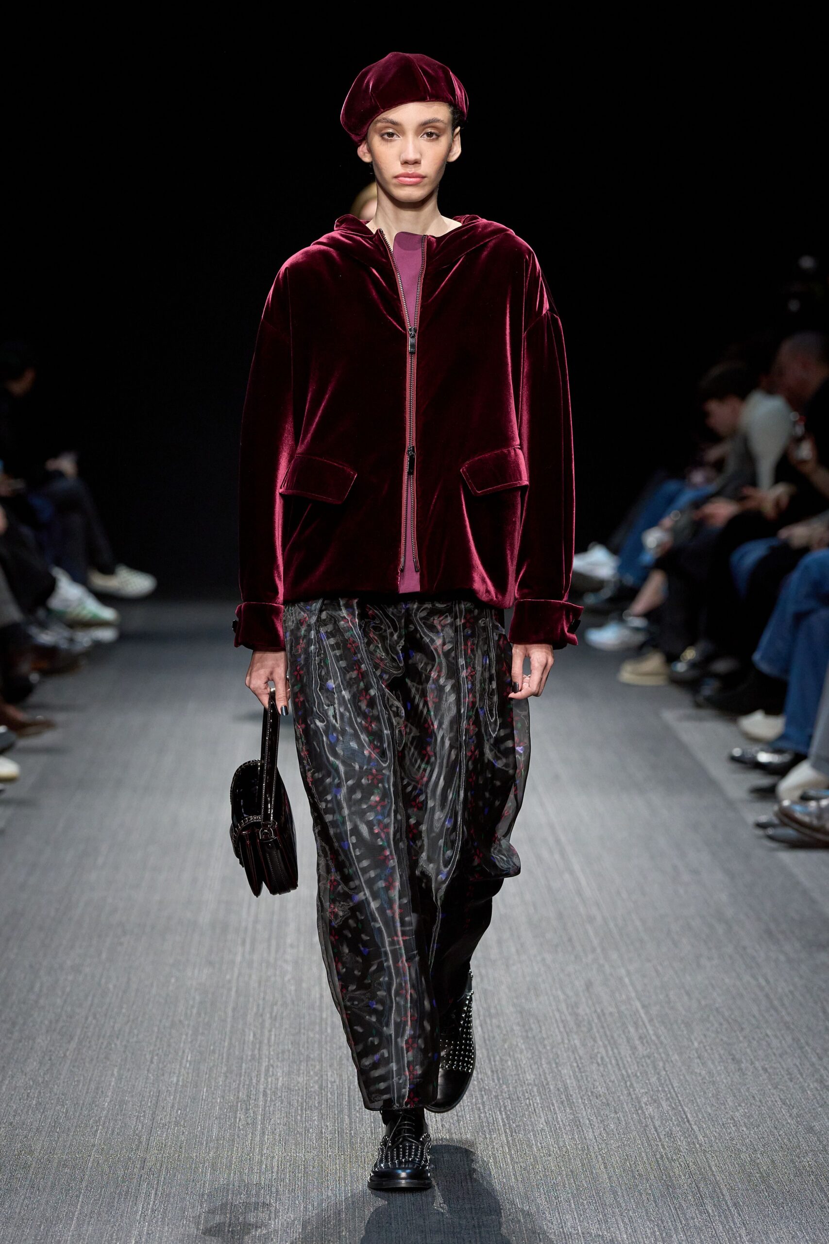 red velvet jacket with printed pants