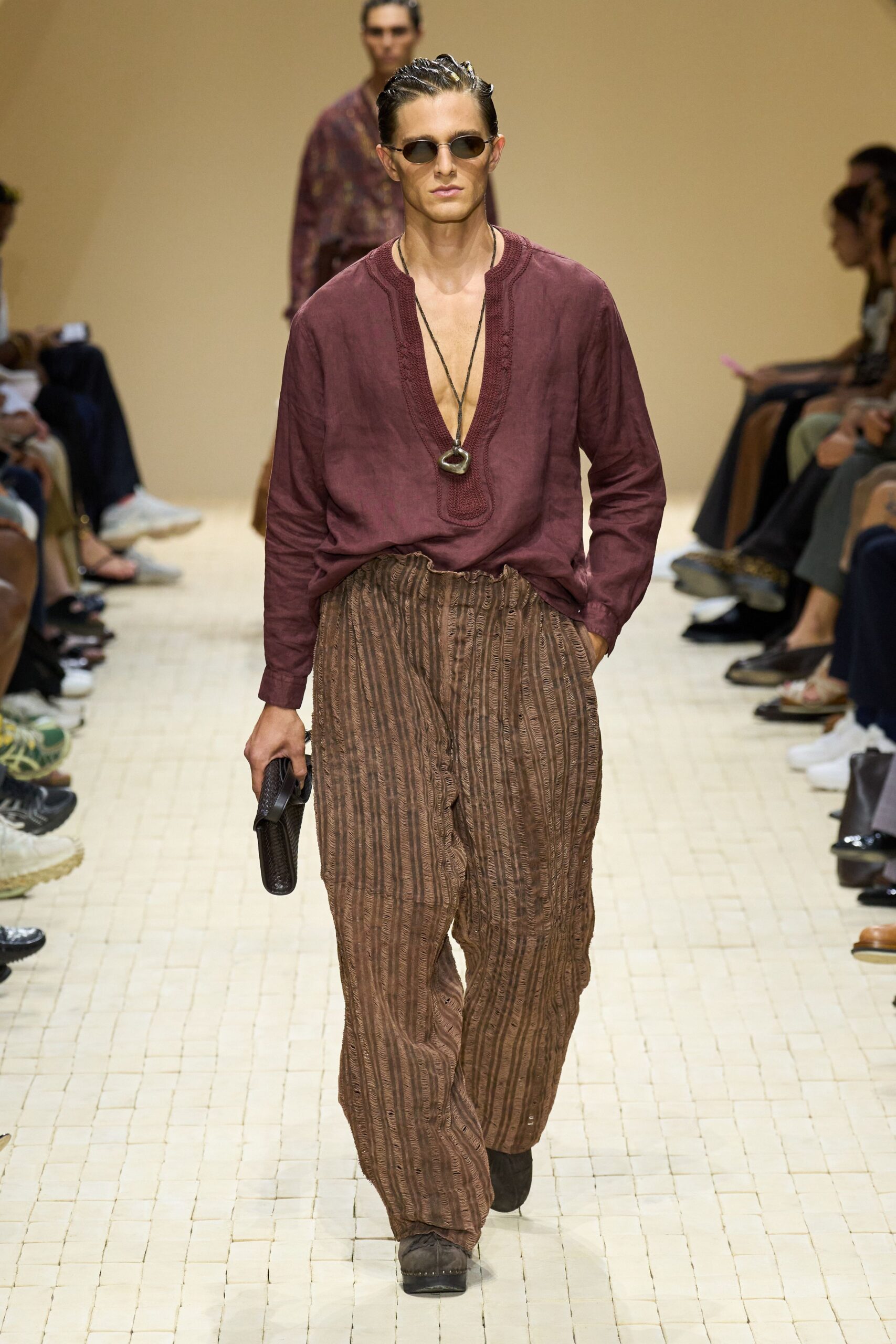 maroon cotton long-sleeve v-neck relaxed pleated shirt