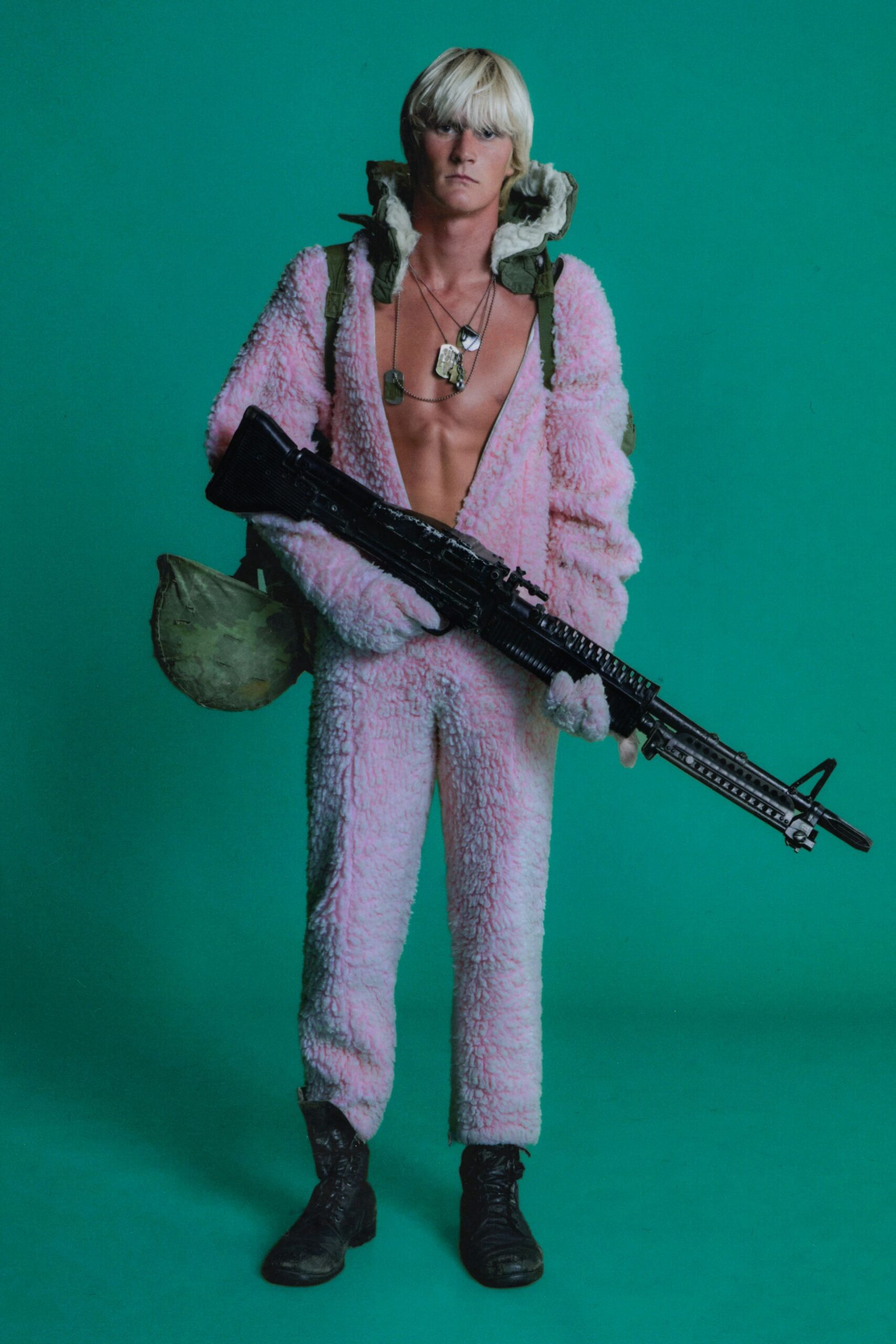 pink faux-fur long-sleeve collared relaxed zippered jumpsuit