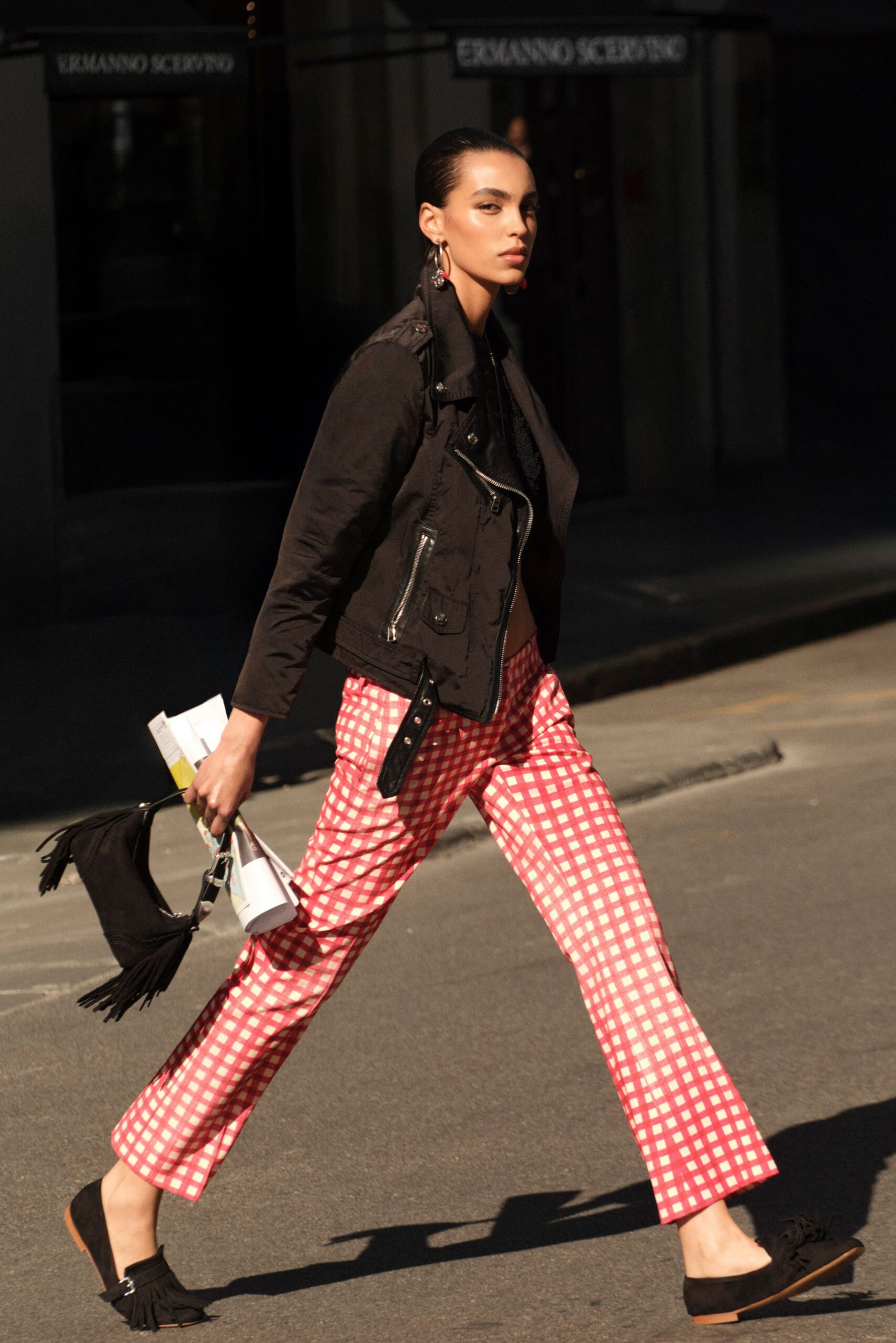 black jacket red checked pants