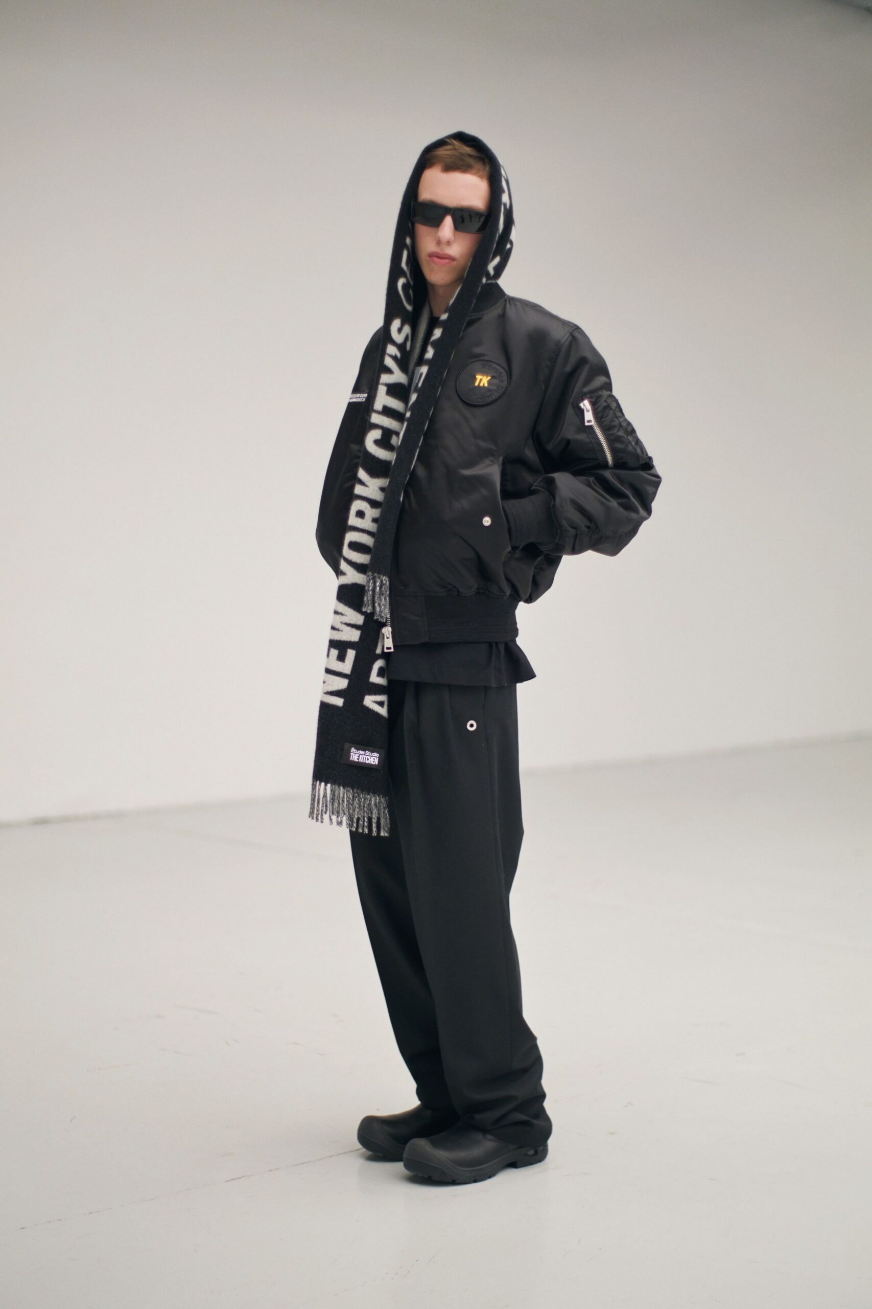 black relaxed jacket with scarf