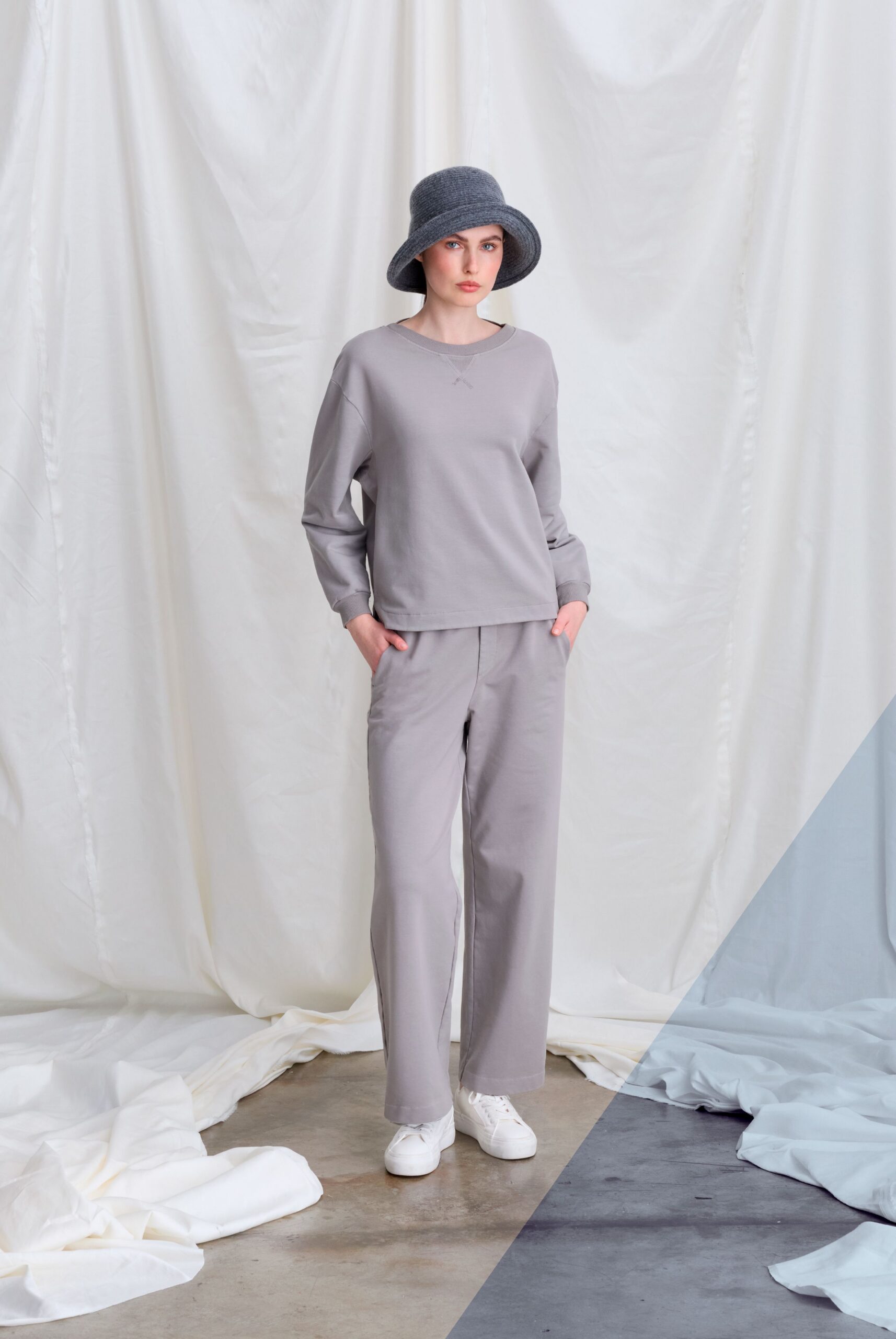 gray cotton long-sleeve collared relaxed top