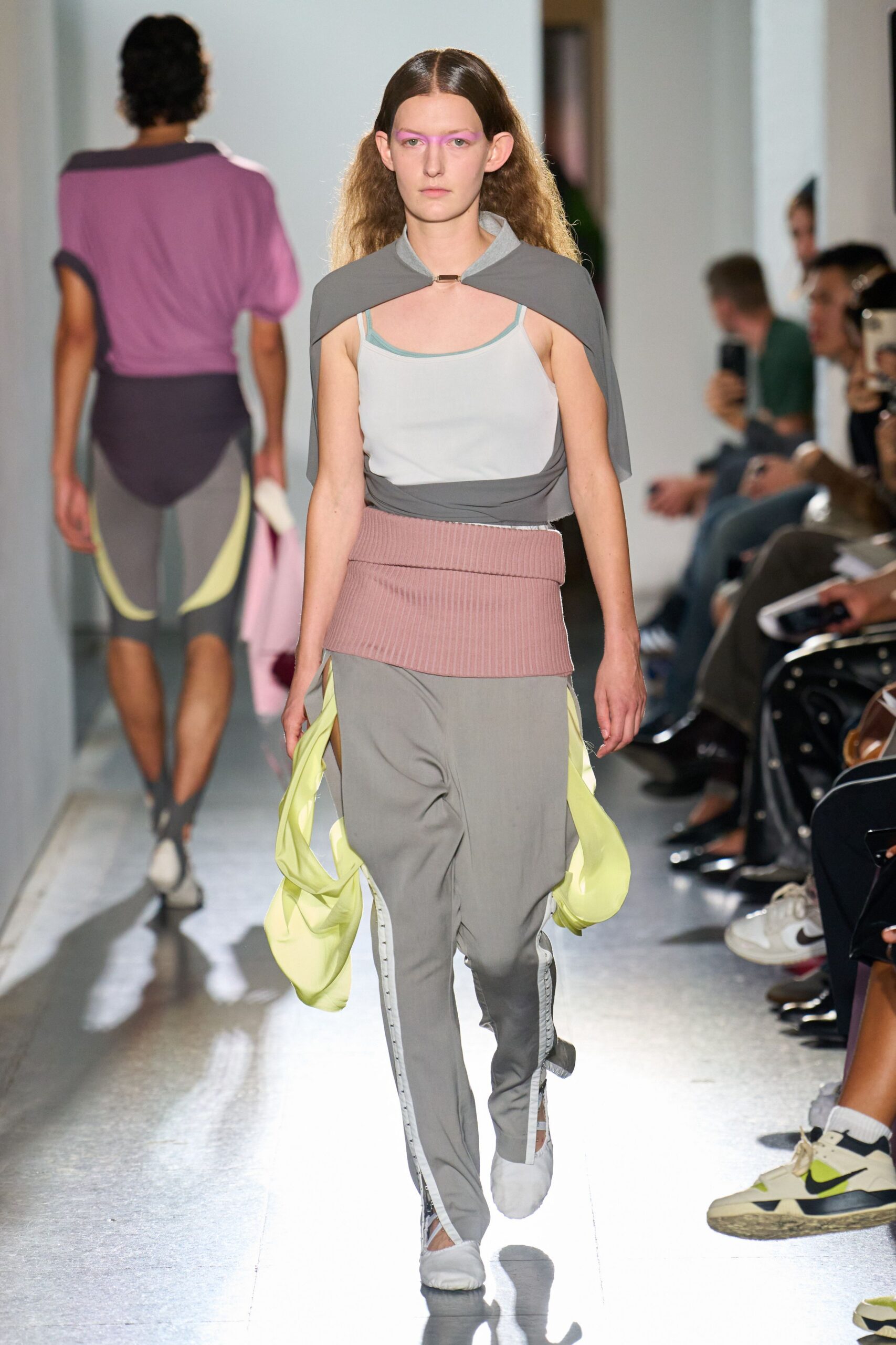 gray fitted top with relaxed pants