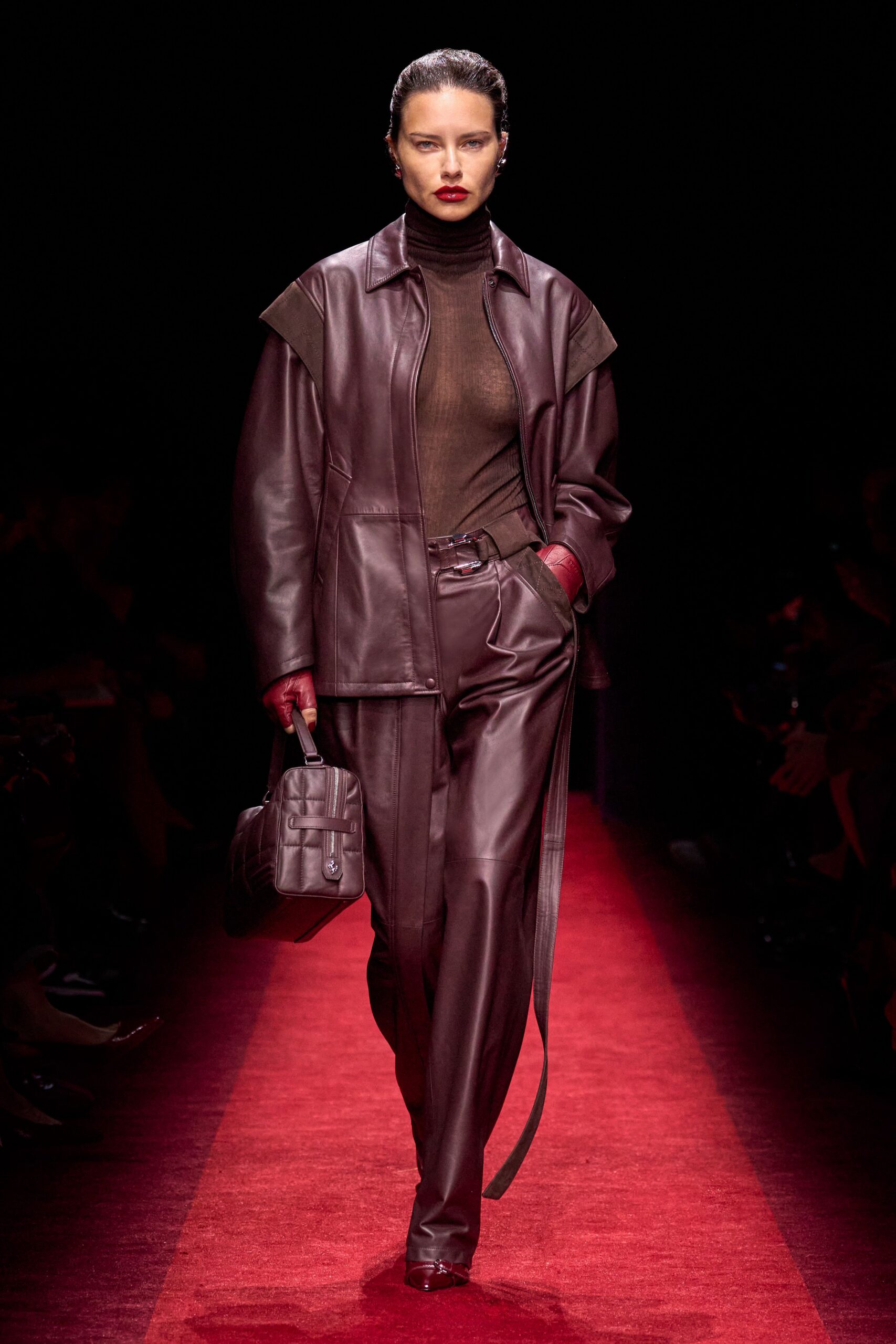 brown leather tailored straight-leg pants