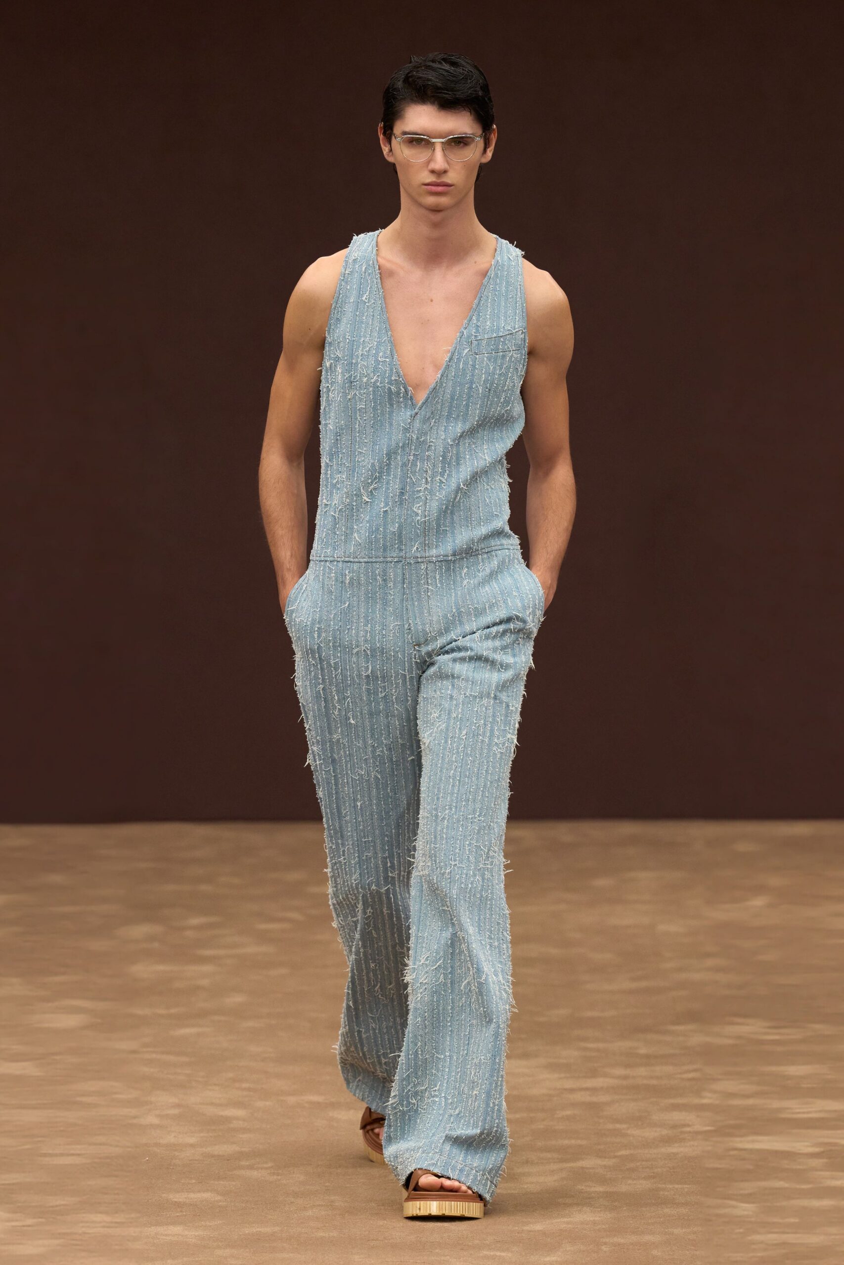 blue cotton sleeveless v-neck fitted fringed jumpsuit