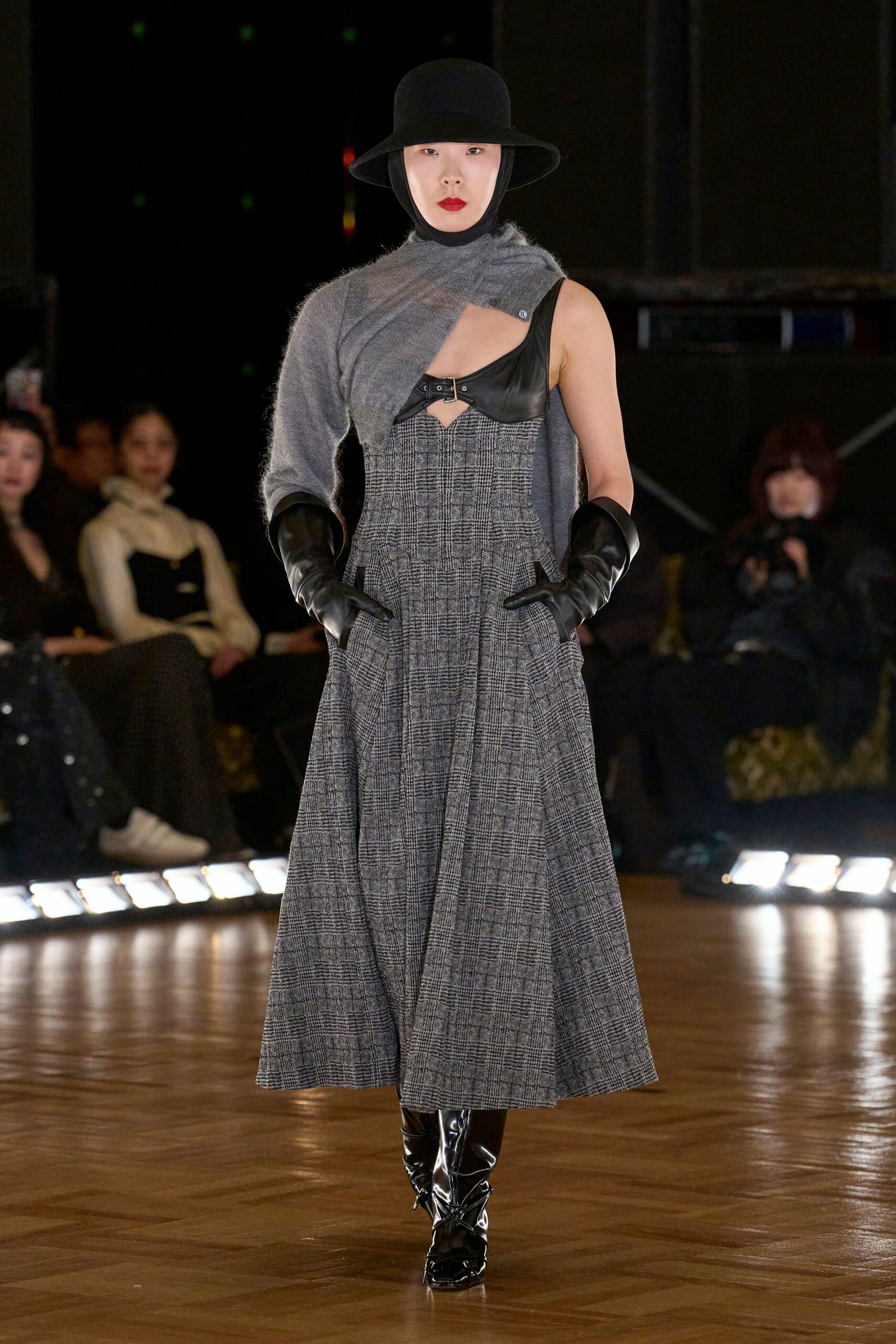 gray pleated midi dress with leather top