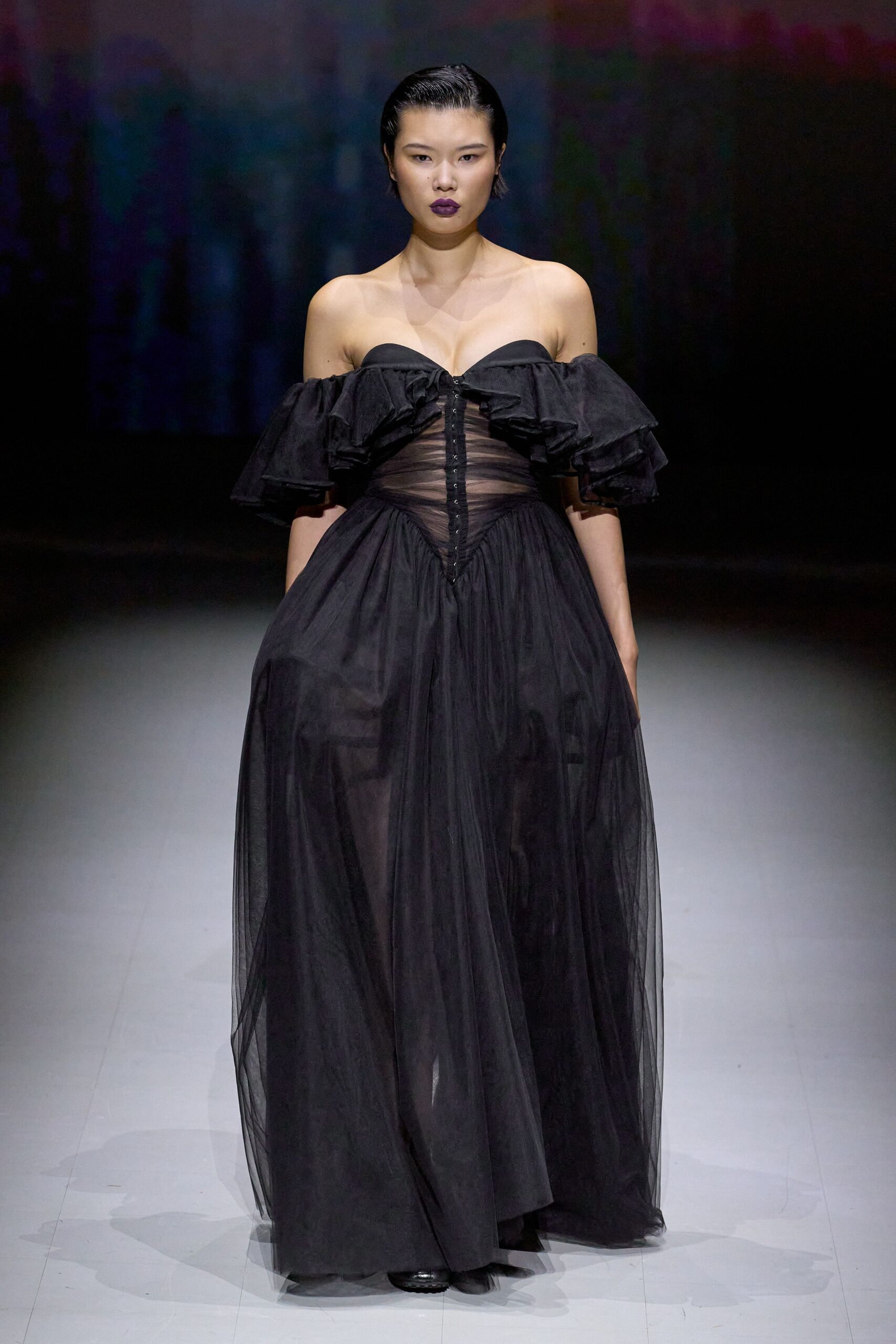 black off-shoulder ruffled gown
