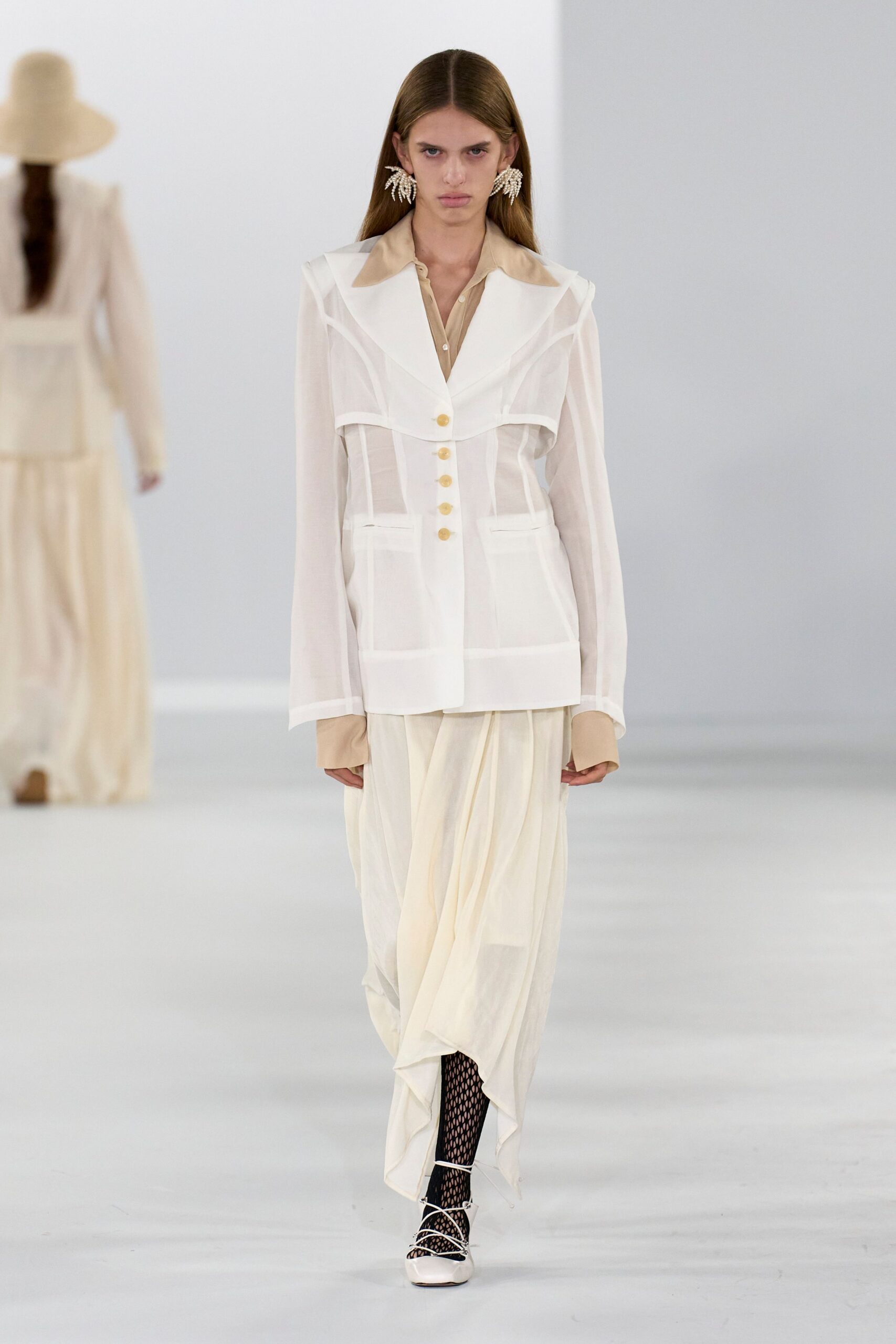 white chiffon long-sleeve collared fitted buttoned sheer blazer