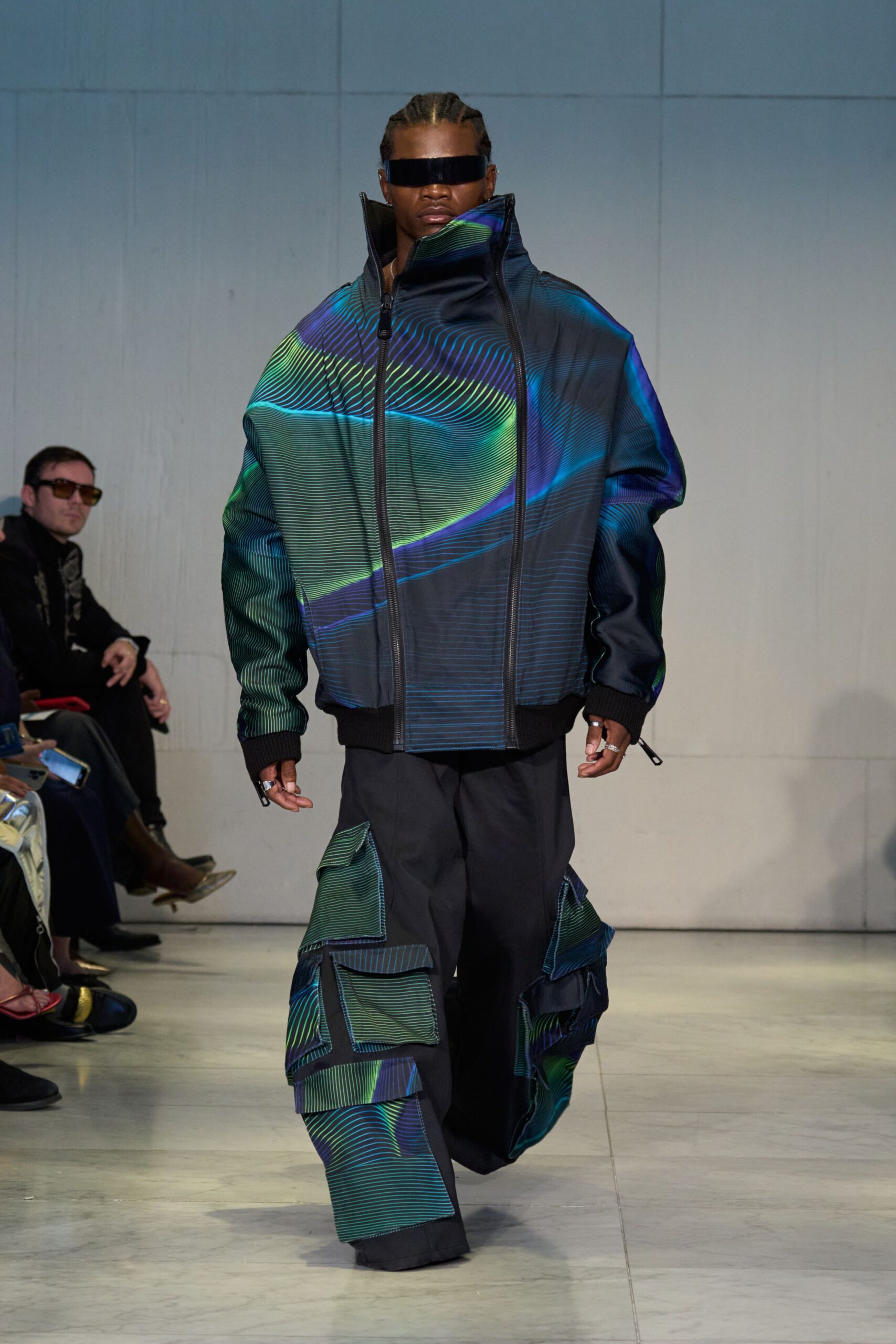 oversized blue green jacket with cargo pants