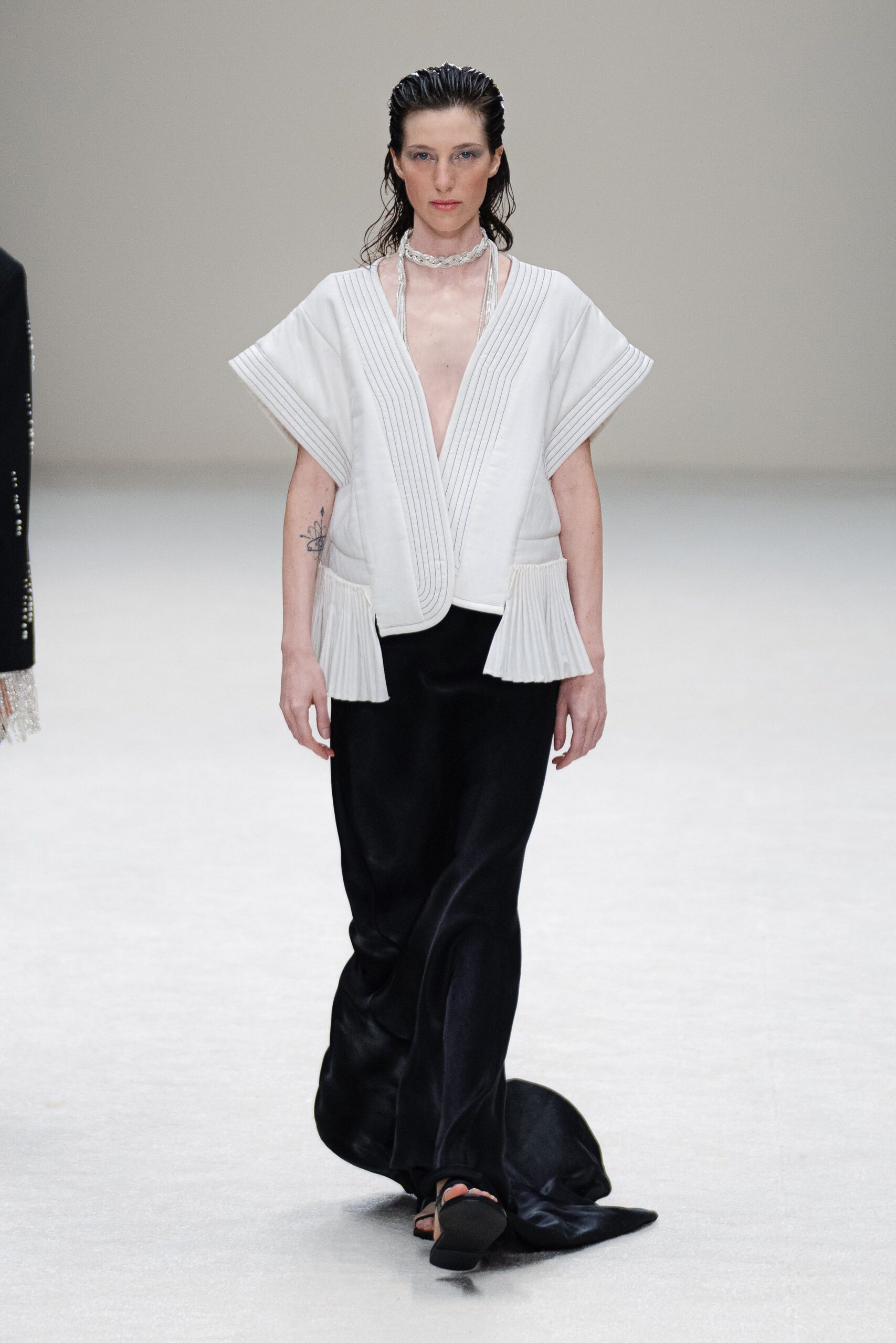 black silk fitted straight-leg flowing maxi skirt