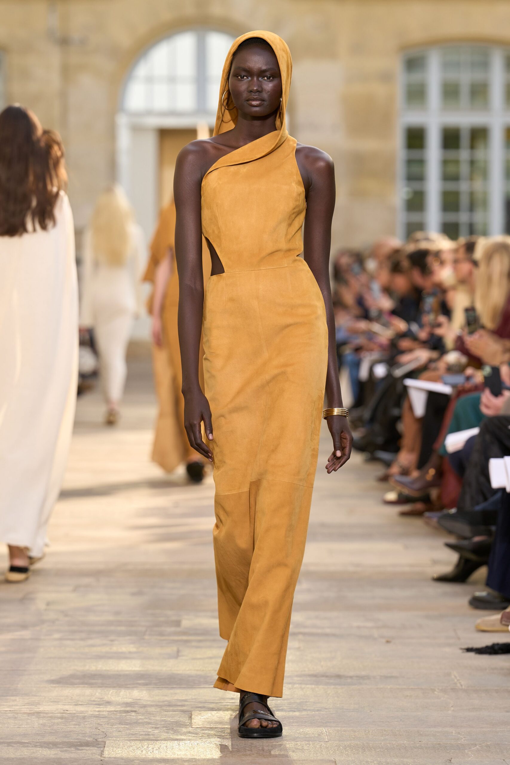 yellow suede sleeveless high-neck fitted straight-leg maxi gown
