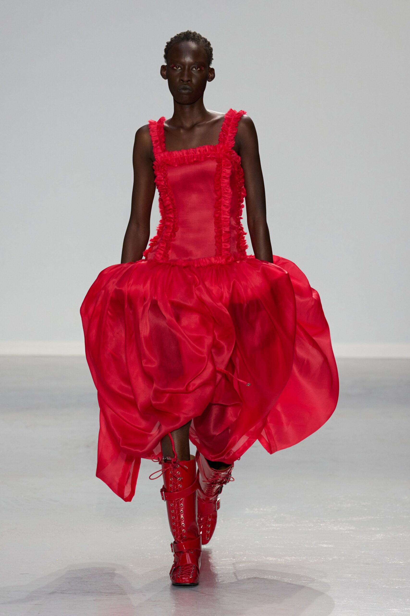 red silk sleeveless square-neck fitted ruffled layered dress