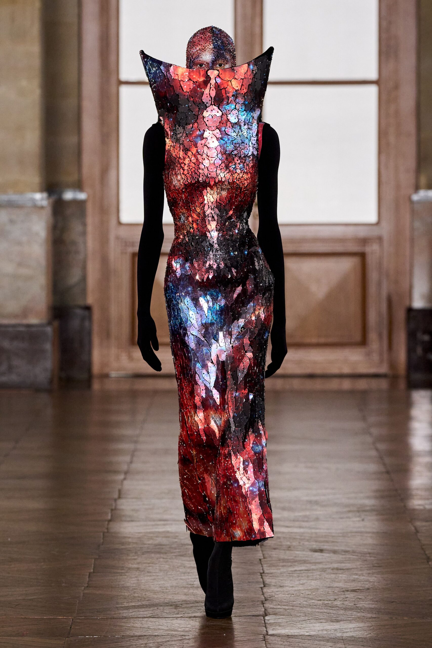 red silk sleeveless high-neck fitted embellished flared gown