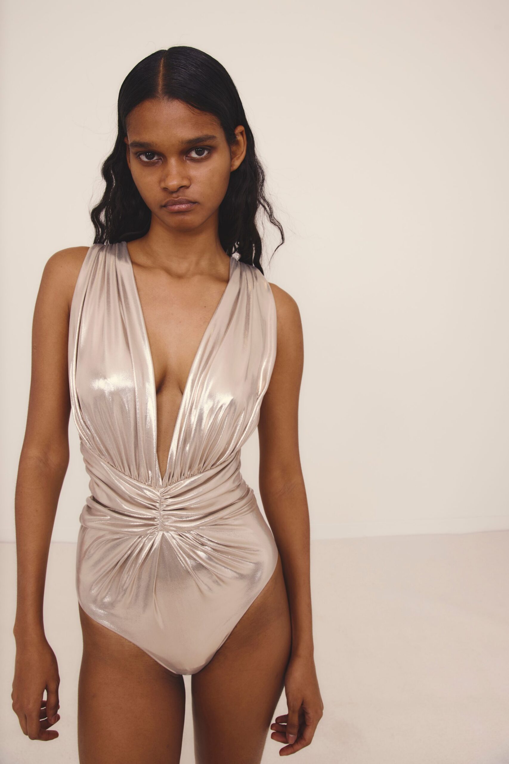 champagne metallic sleeveless bodysuit