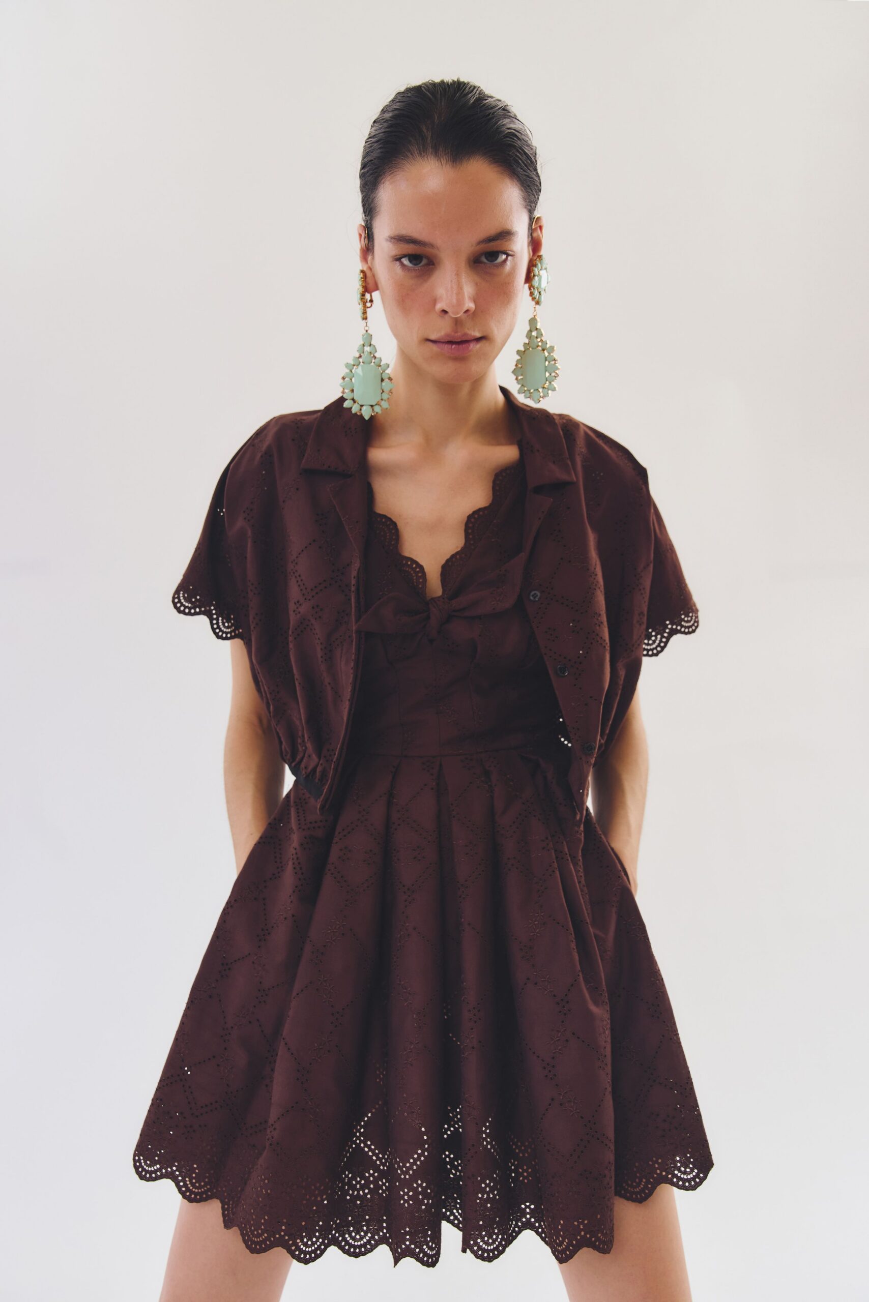 brown cotton mini dress with jacket