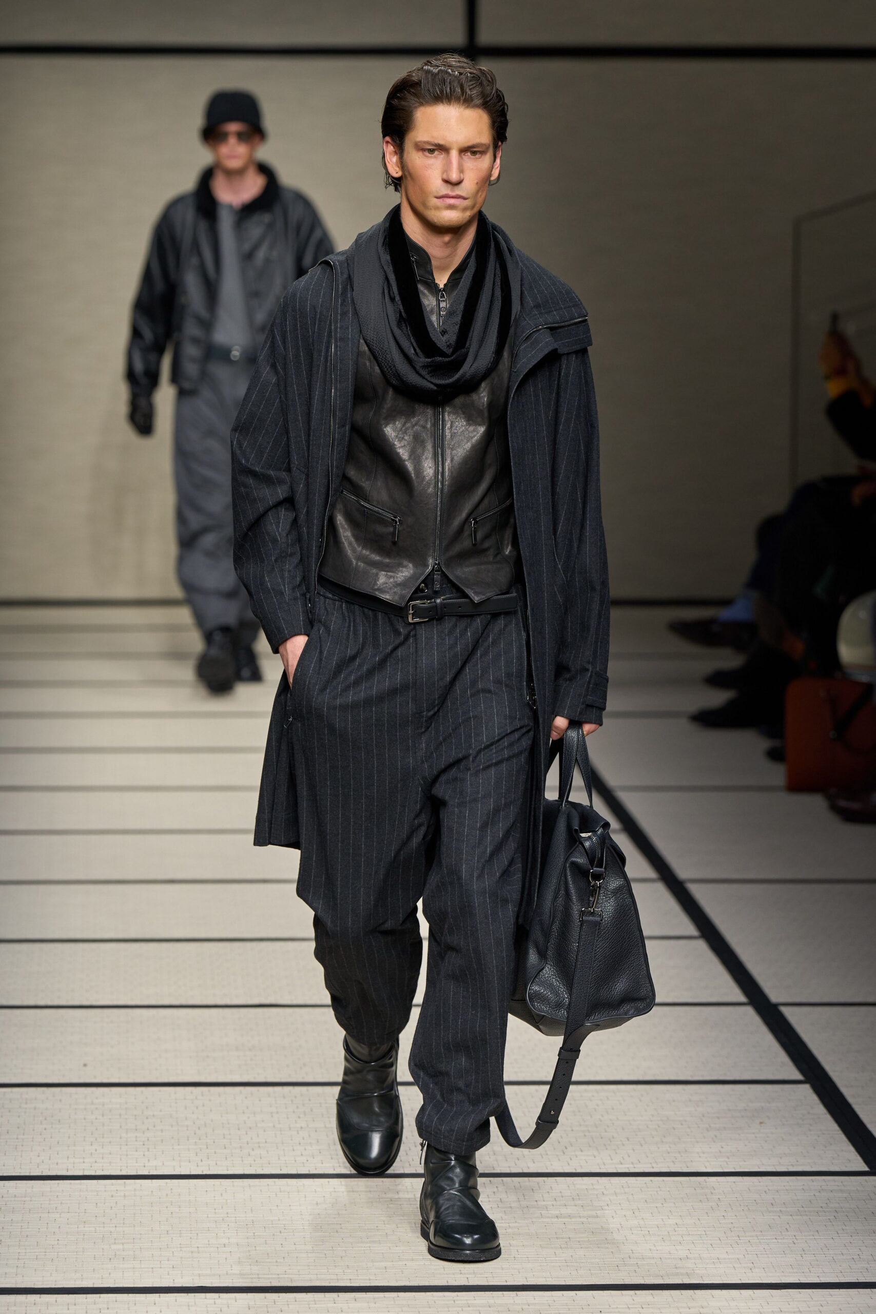 black wool coat with leather vest