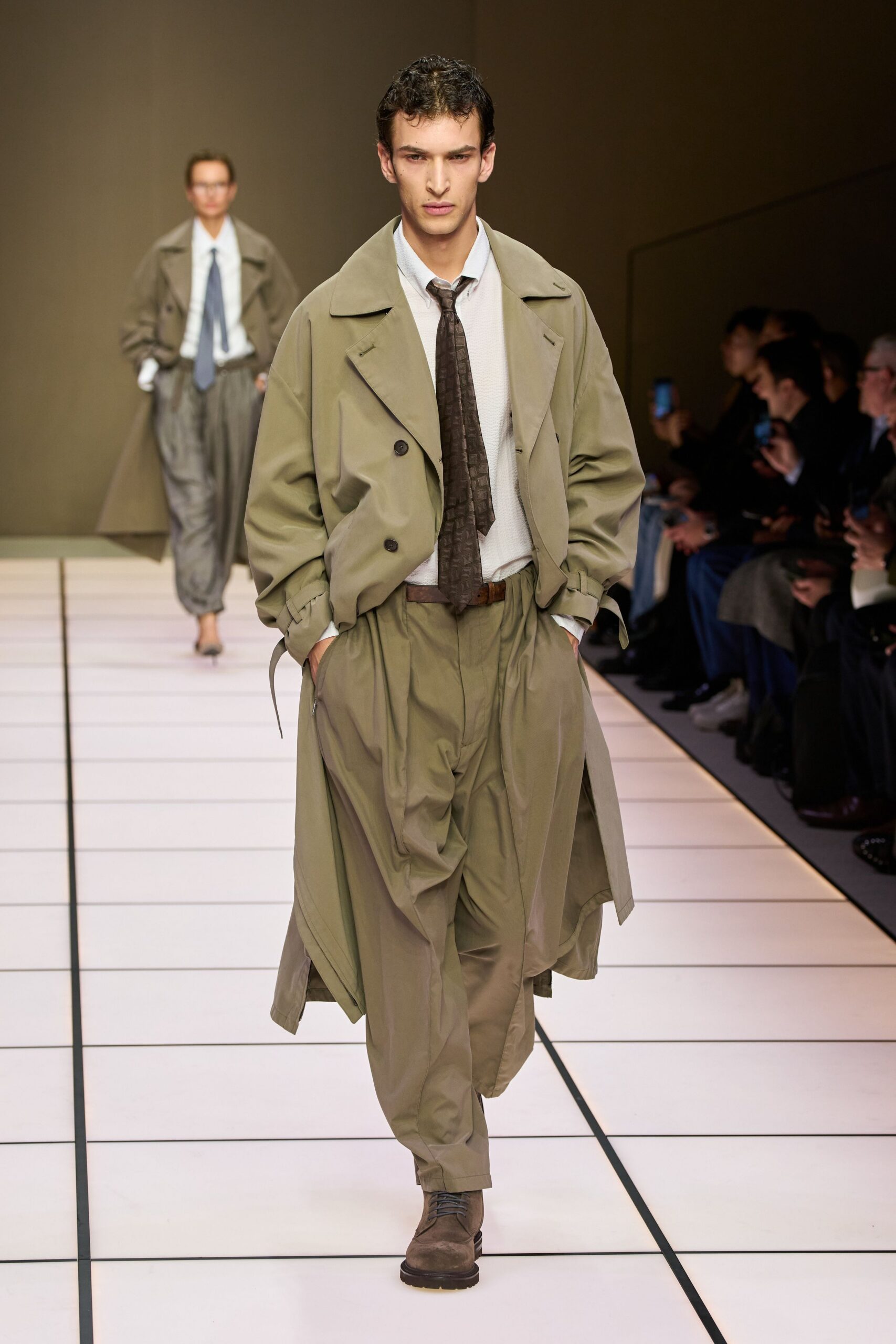beige trench coat and relaxed pants