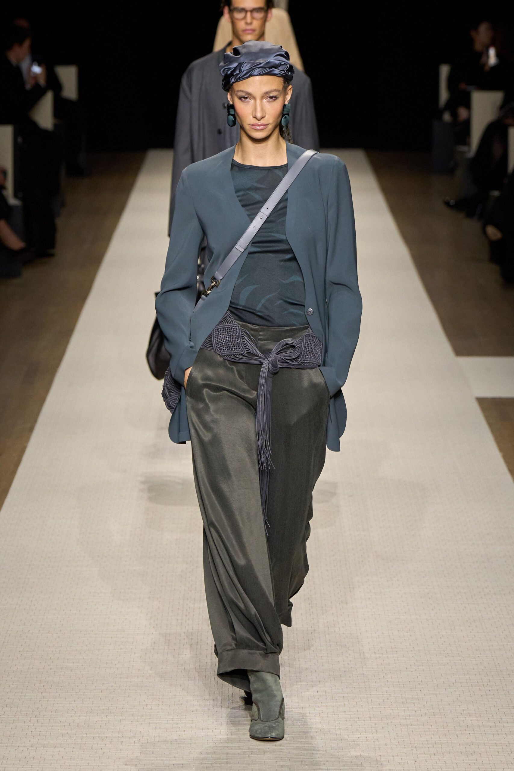 blue blazer and gray pants