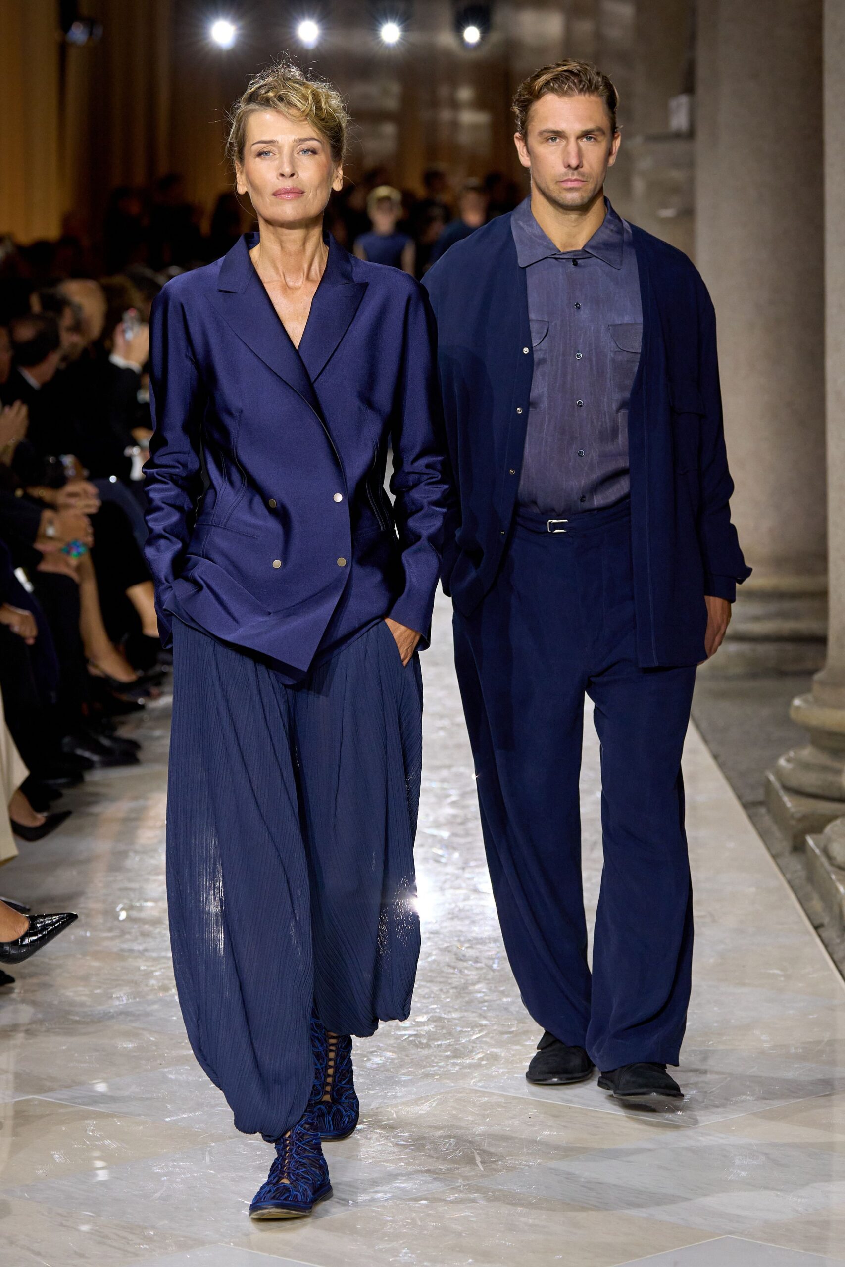 blue structured blazer and relaxed pants