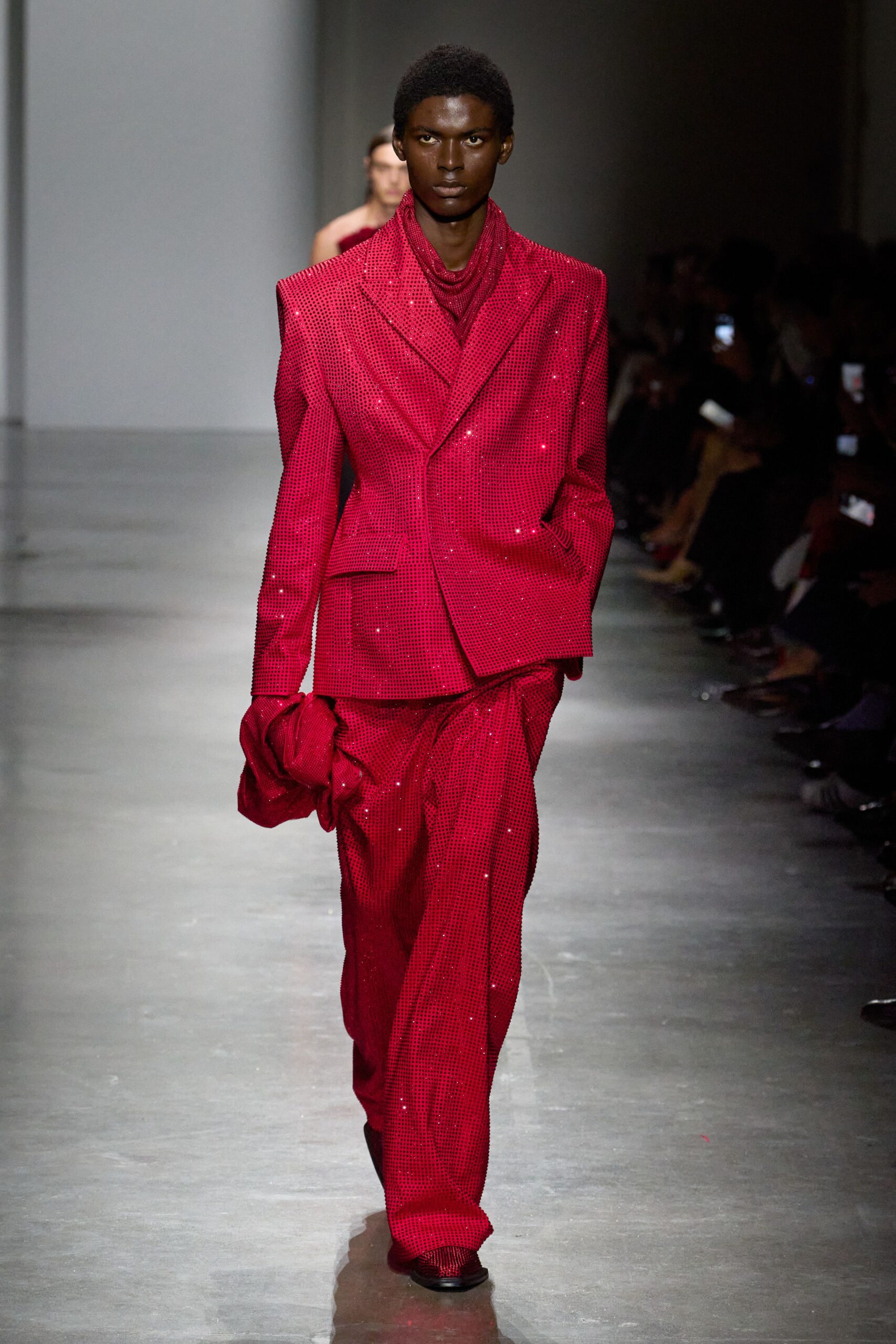 red silk long-sleeve collared tailored sequined shiny suit