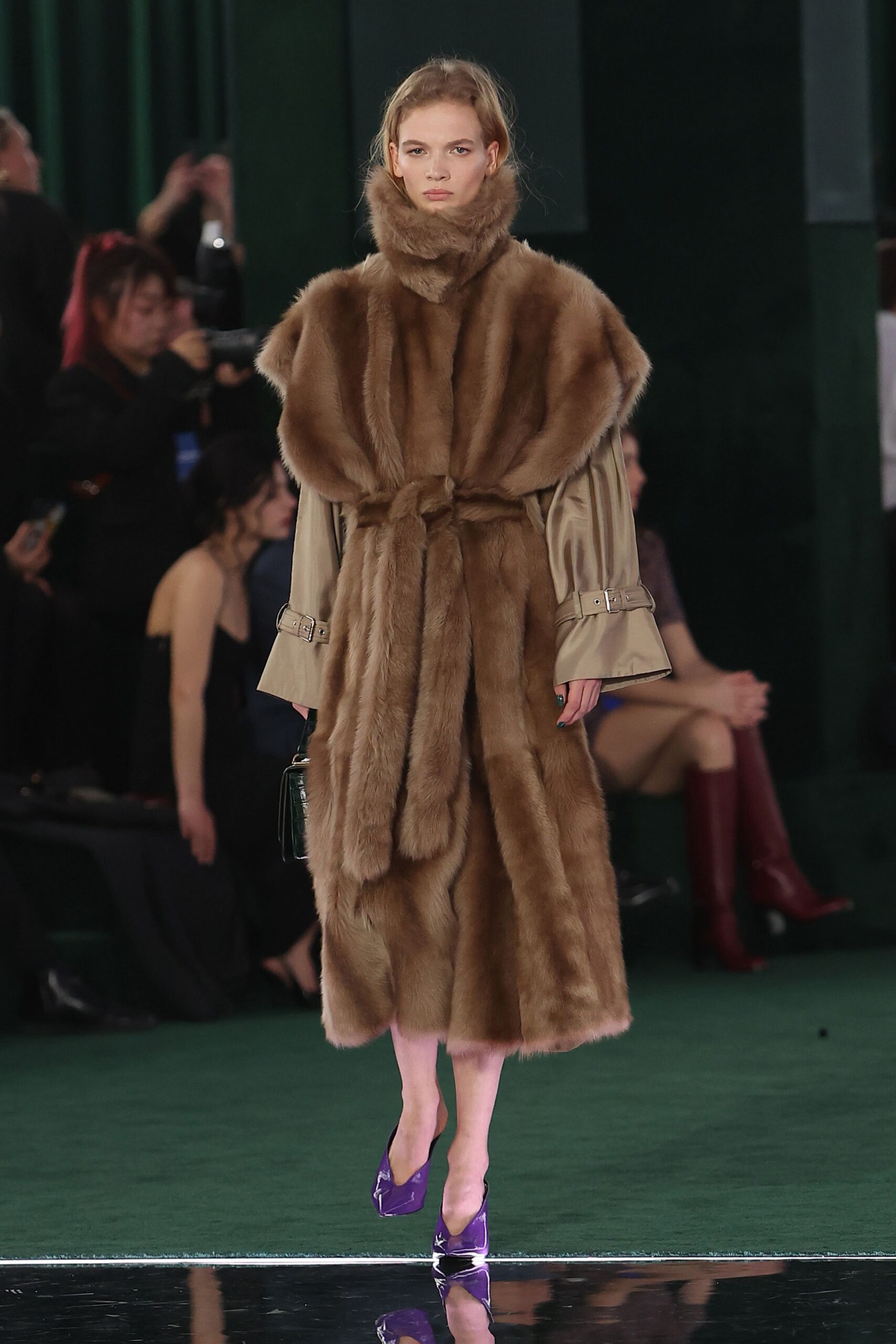 brown fur long-sleeve collared relaxed belted midi coat