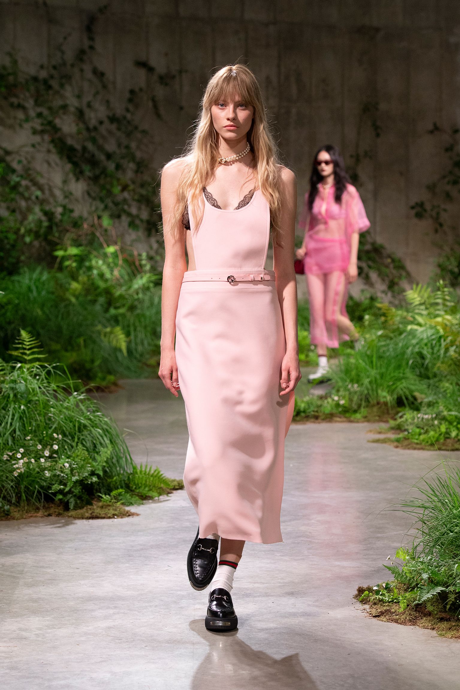 pink silk sleeveless v-neck fitted straight-leg midi dress