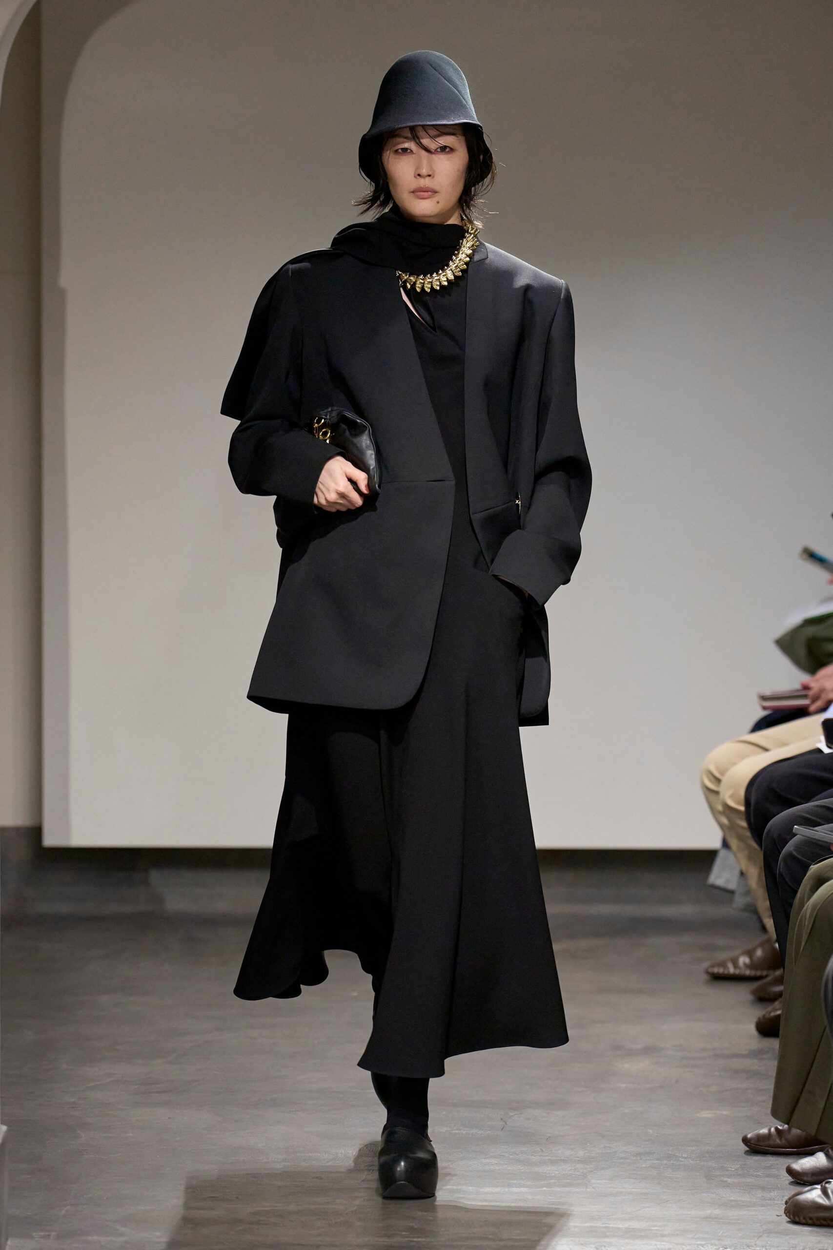 black long-sleeve high-neck fitted midi dress