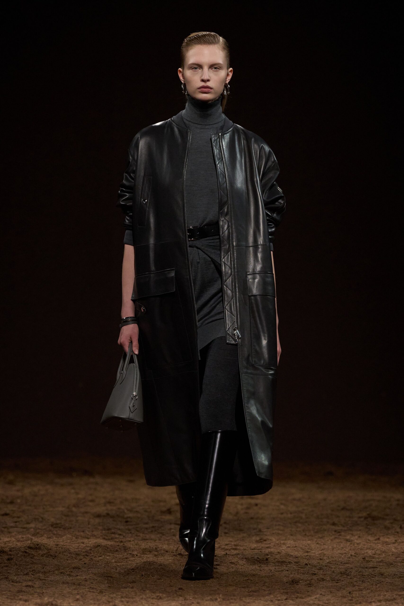 black leather coat gray dress
