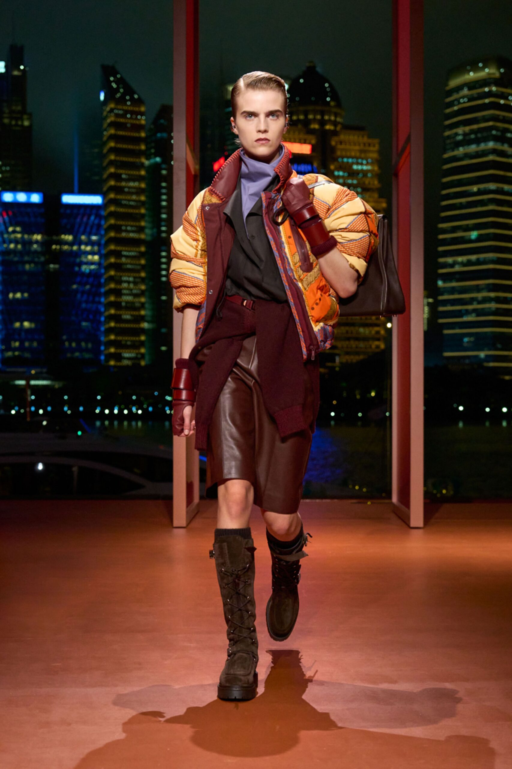 color-blocked relaxed jacket with fitted skirt