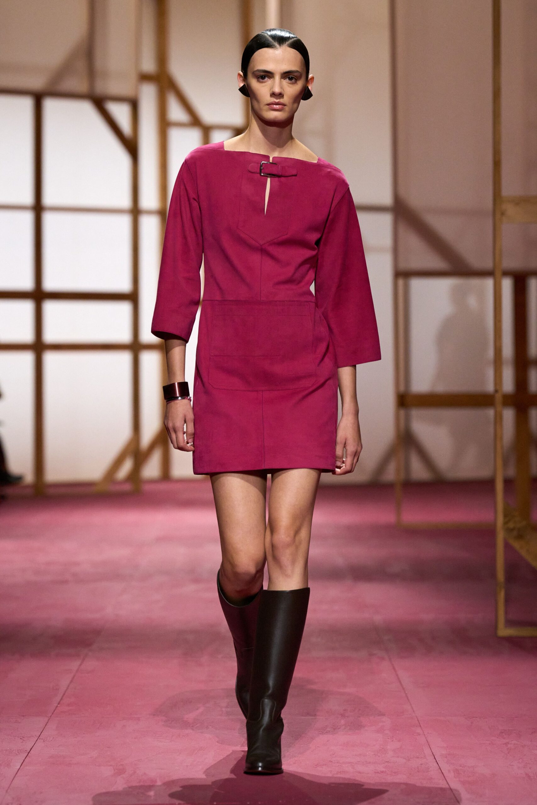 pink suede long-sleeve collared fitted zippered mini dress