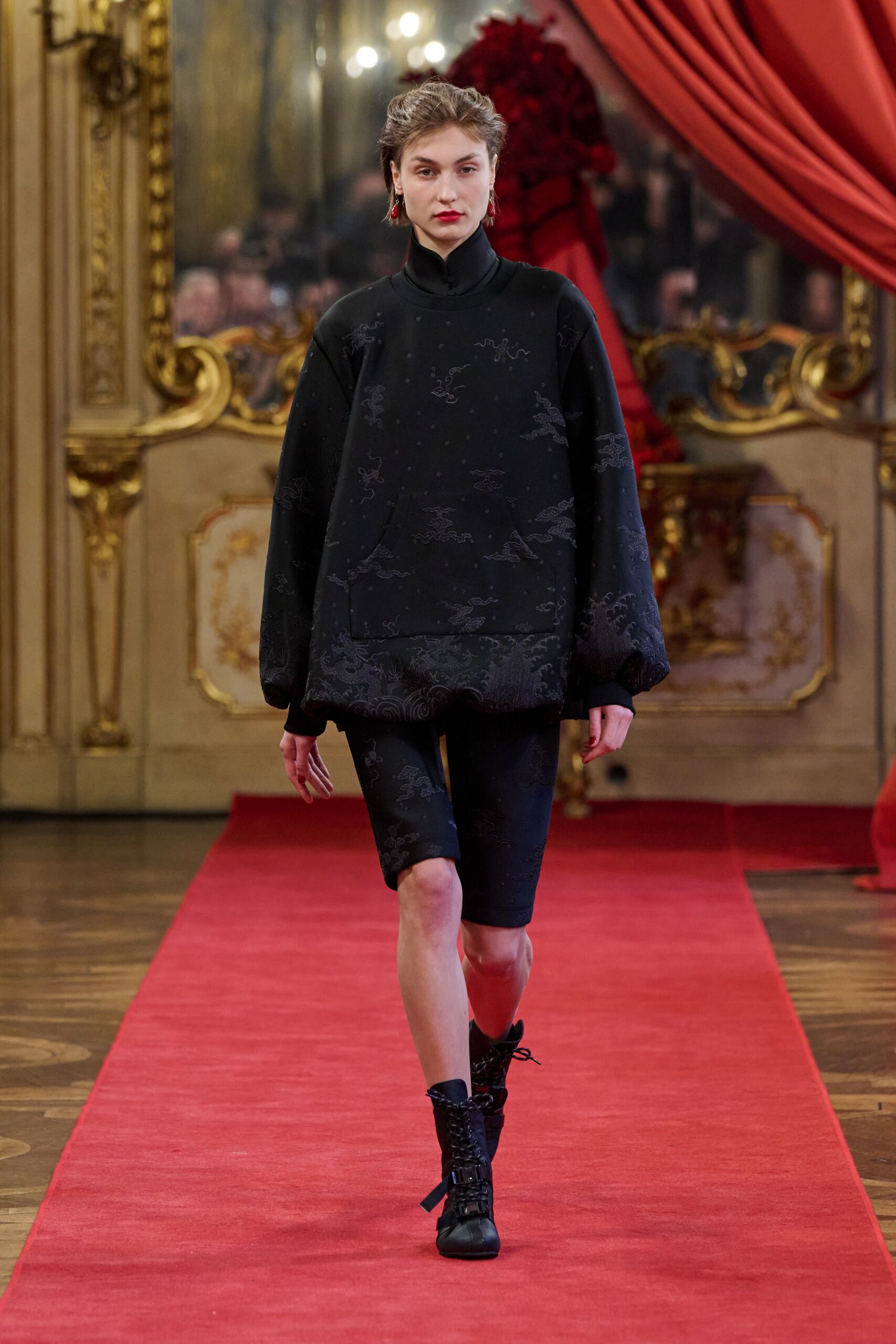 black cotton long-sleeve high-neck oversized textured top