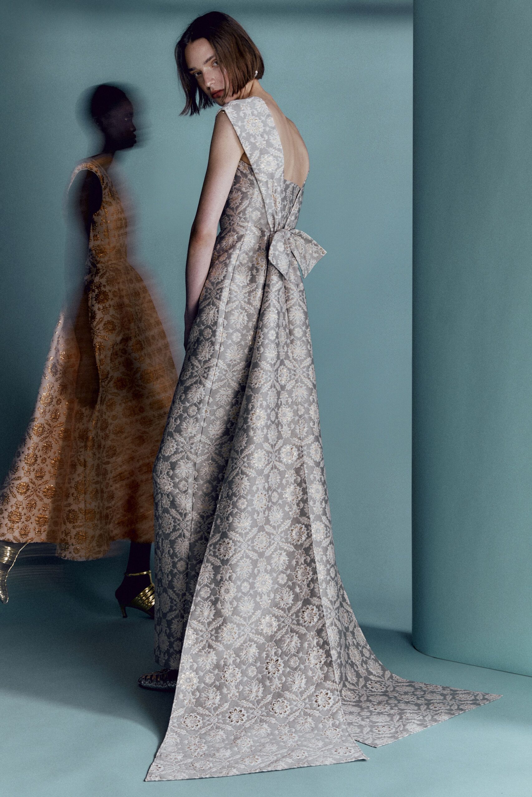 gray silk sleeveless gown