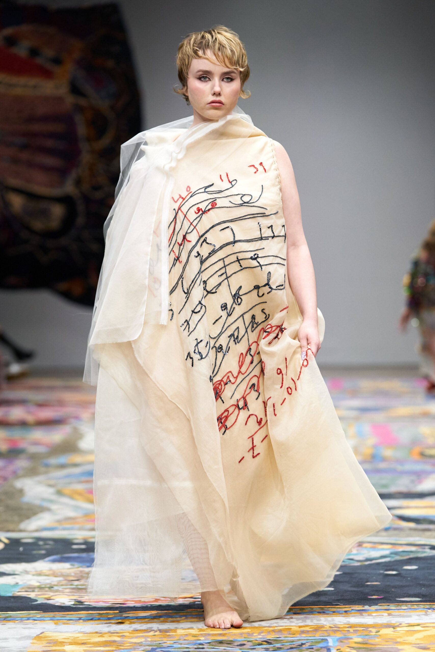 beige layered embroidered dress
