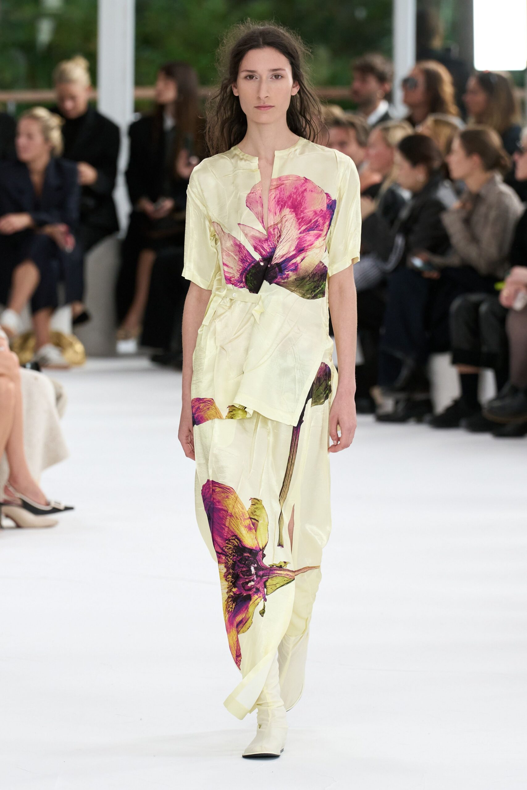 yellow silk short-sleeve collared relaxed floral top