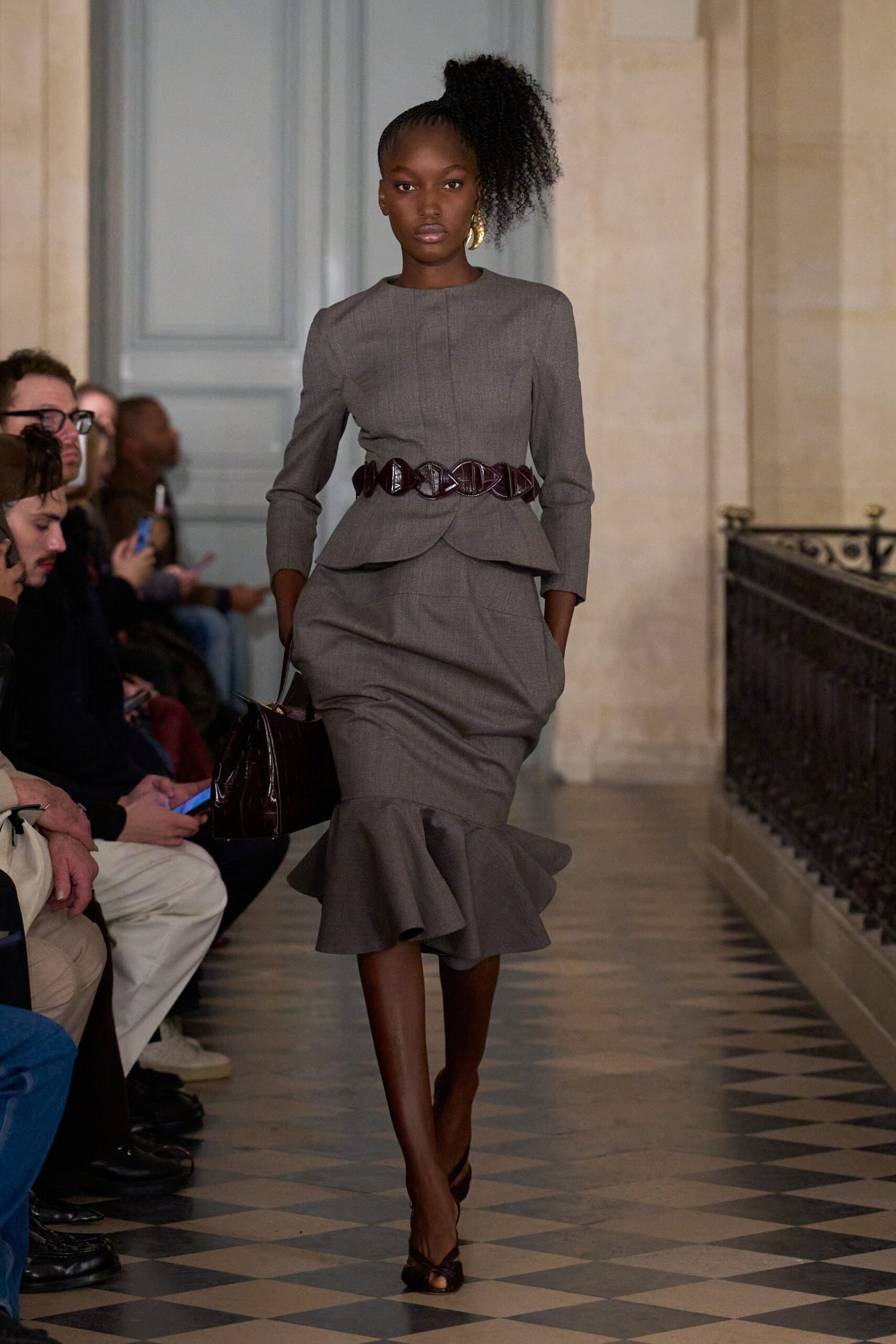 gray wool long-sleeve v-neck fitted flared ruffled dress