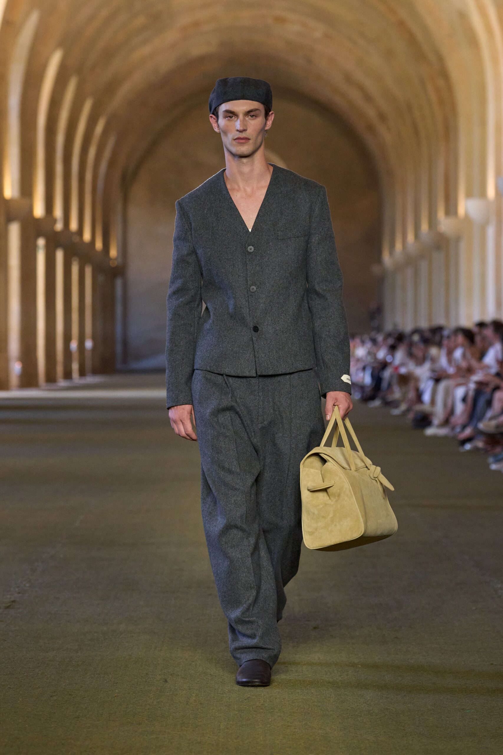 gray wool long-sleeve v-neck tailored suit