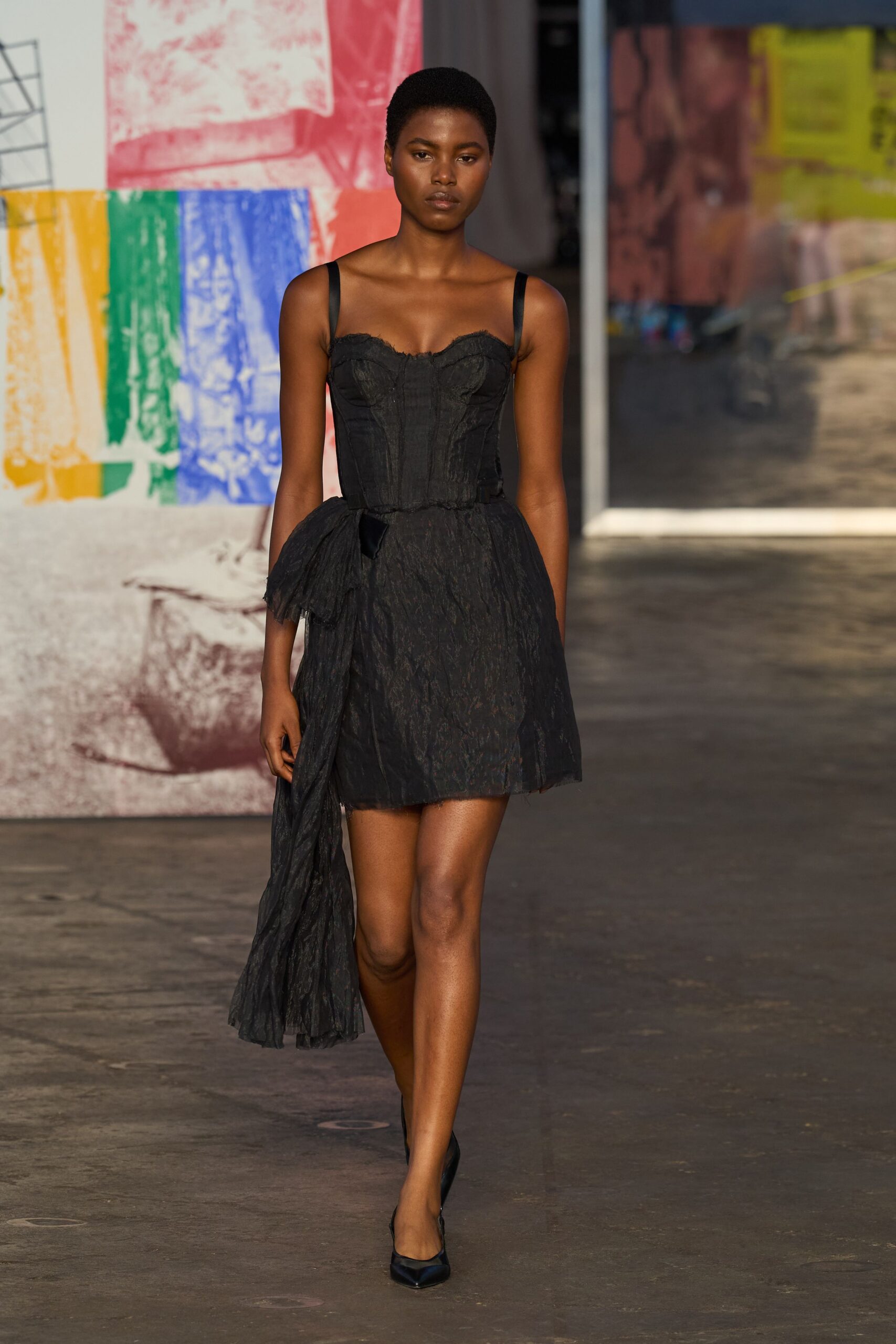 black silk sleeveless v-neck fitted ruffled tiered dress