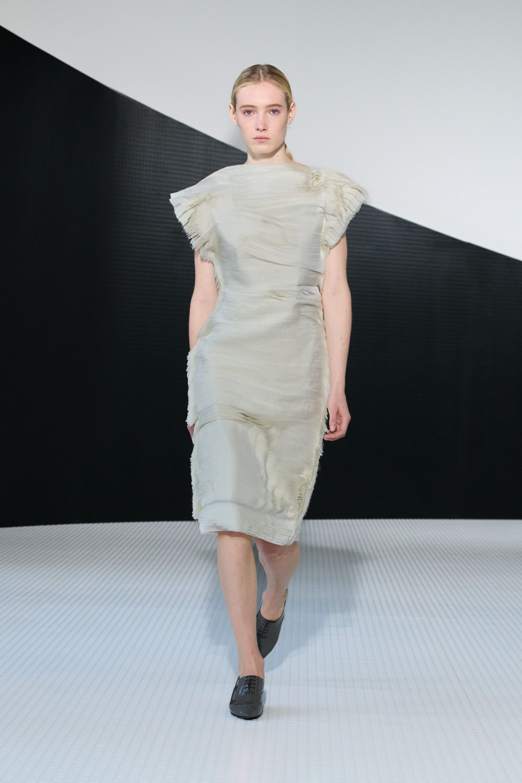 gray silk short-sleeve high-neck fitted ruffled midi dress